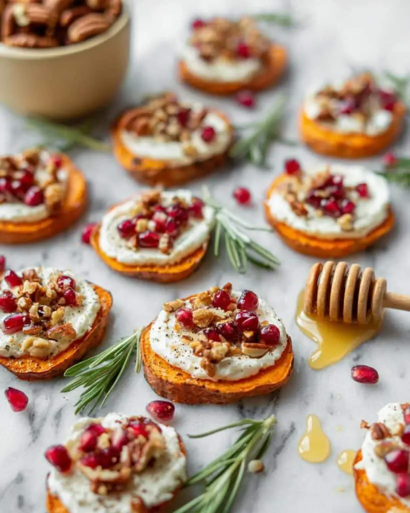 Sweet Potato Bites with Honey Goat Cheese, Pecan, and Pomegranate Topping Recipe