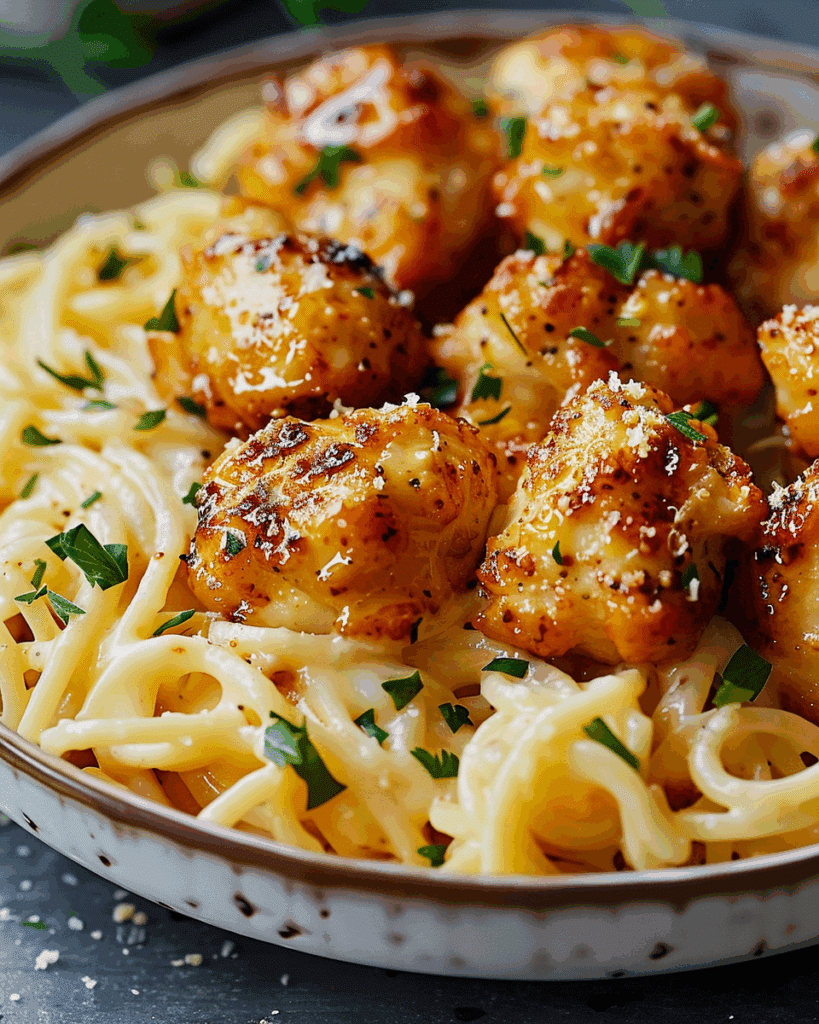 Garlic Butter Chicken Bites with Creamy Parmesan Pasta