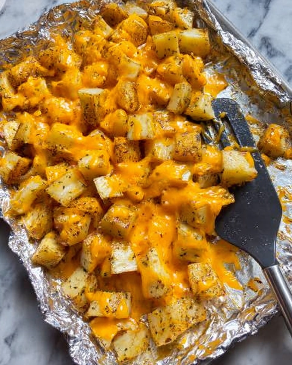 The image shows a single layer of cubed potatoes covered evenly with melted bright orange cheddar cheese, spread out on a surface lined with foil. The potatoes are golden brown and seasoned with visible herbs, giving them a slightly textured look. On the right side, a dark metal spatula rests partially under the potatoes, lifting some pieces. The whole dish is set on a white marbled surface. photo taken with an iphone --ar 4:5 --v 7