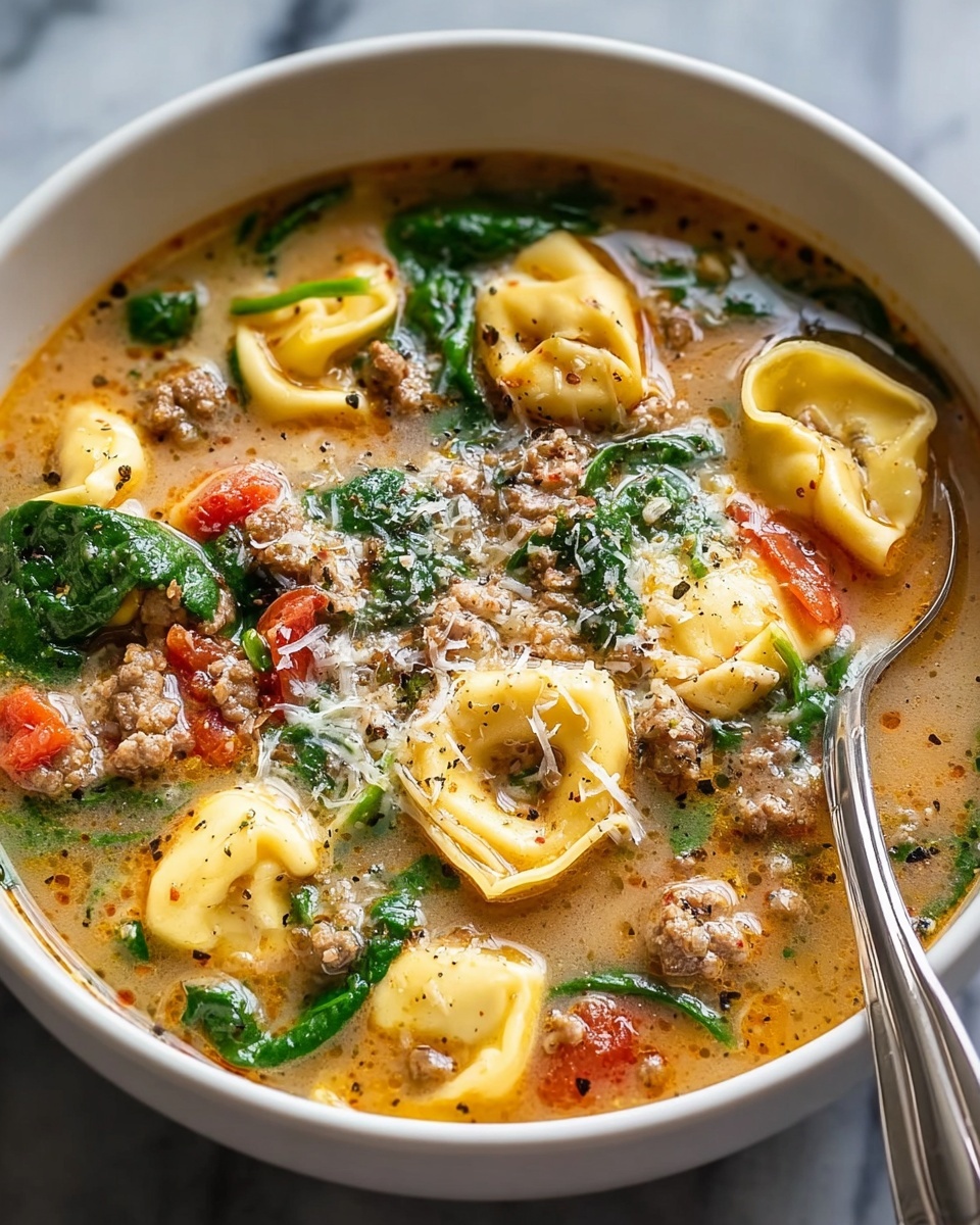 A close-up of a white bowl filled with a rich soup containing about eight yellow tortellini pieces floating near the surface. The soup has a light brown broth with small clumps of cooked ground meat scattered throughout. There are fresh green spinach leaves and some red tomato chunks spread evenly in the soup. On top, there is a sprinkle of grated white cheese and small bits of black pepper. A silver spoon is partly submerged in the soup on the right side. The bowl sits on a white marbled surface. Photo taken with an iphone --ar 4:5 --v 7