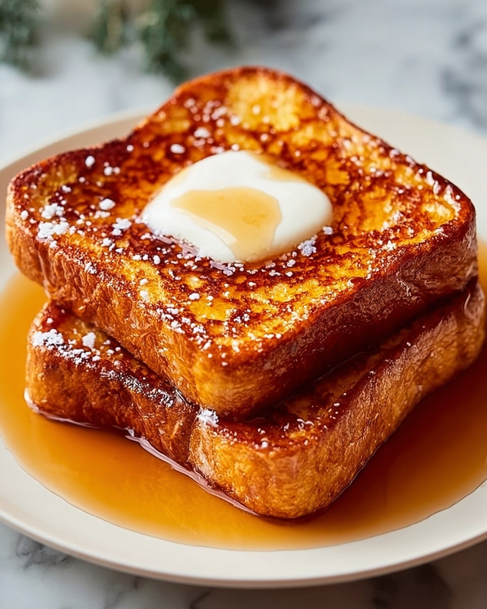 Two thick, golden brown slices of French toast are stacked on a white plate placed on a white marbled surface. The top slice has a small dollop of white cream, lightly dusted with cinnamon powder, while the entire toast is sprinkled with powdered sugar. A shiny layer of syrup surrounds the toast, glistening and slightly pooling at the base, enhancing the rich, warm texture of the bread. Photo taken with an iphone --ar 4:5 --v 7