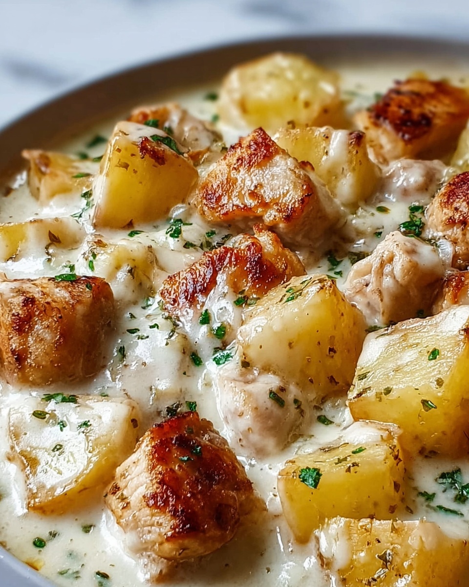 This close-up image shows a creamy dish with pieces of browned chicken and golden potato chunks. The chicken pieces have a light brown, slightly crispy top and a soft texture, while the potato cubes are golden and tender-looking with some browned edges. The dish is covered in a smooth, white cream sauce with small green herb bits scattered on top. The background is a white marbled surface giving a clean look. photo taken with an iphone --ar 4:5 --v 7