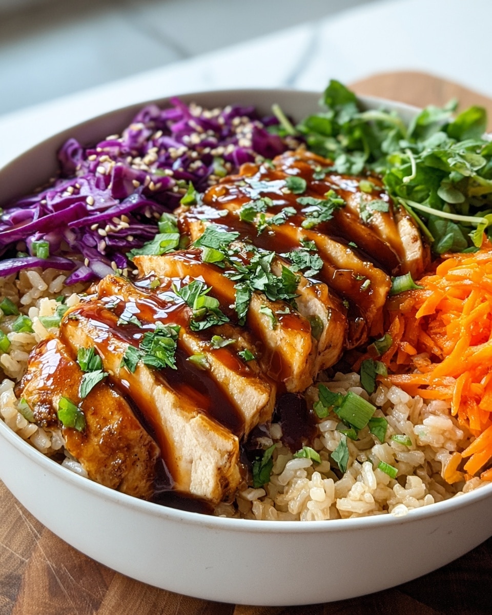 A white bowl holds a colorful dish with four main layers. The base layer is light brown rice mixed with small green onion pieces. On top of the rice, thick slices of golden cooked chicken are laid in a row, sauced with a shiny dark brown glaze and sprinkled with chopped green herbs. To the left of the chicken, there is a pile of thin sliced purple cabbage with tiny seeds on top. On the right side, bright orange shredded carrots and fresh green leaves add color. The bowl sits on a white marbled surface. photo taken with an iphone --ar 4:5 --v 7
