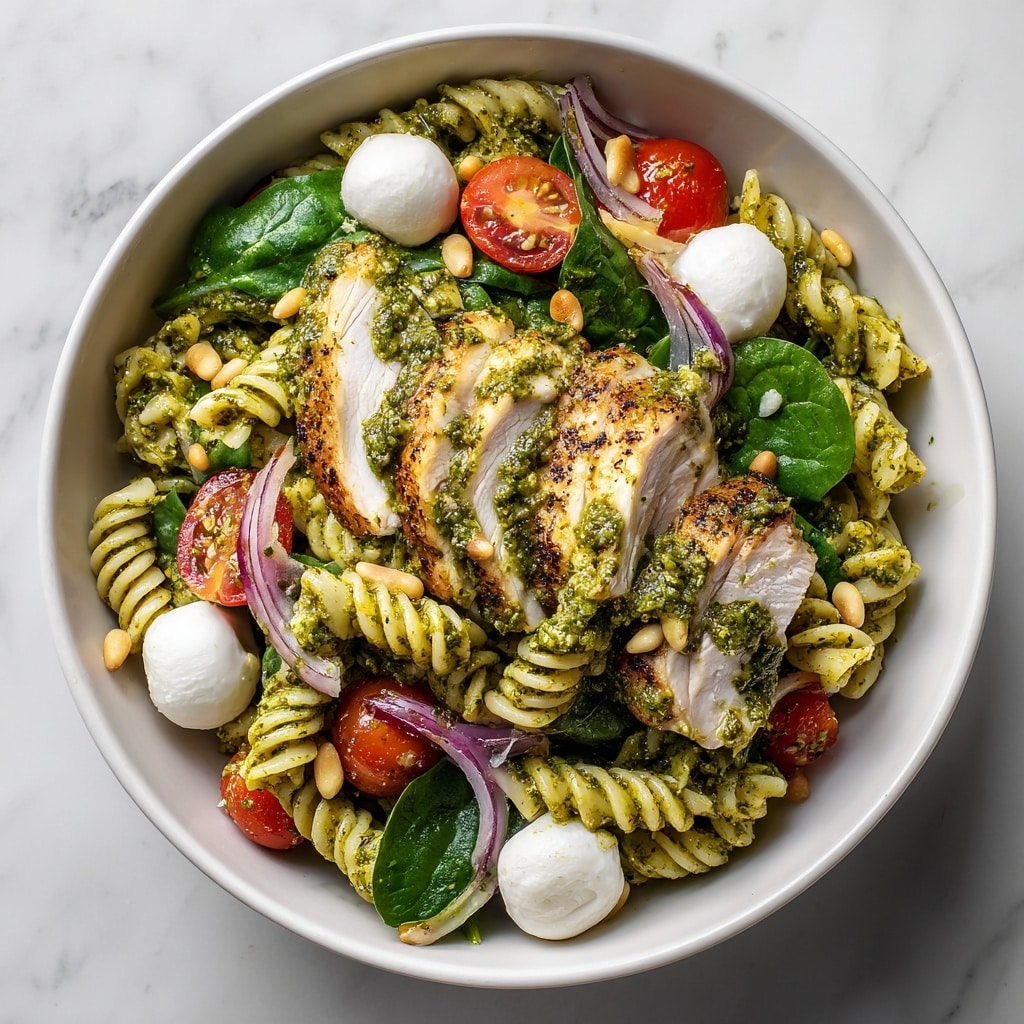 The dish shows a white bowl filled with layers starting from a base of twisted pasta coated in green pesto, giving a textured, spiral look. Scattered throughout are bright green spinach leaves with a smooth fresh texture. On top, there are several halved cherry tomatoes, bright red and juicy, adding pops of color. White round mozzarella balls are placed evenly, providing a smooth and creamy contrast. Slices of light beige cooked chicken with a green pesto coating are arranged on the top layer. Also, small golden pine nuts are sprinkled over, adding texture and richness to the dish. The bowl sits on a white marbled surface. Photo taken with an iphone --ar 4:5 --v 7