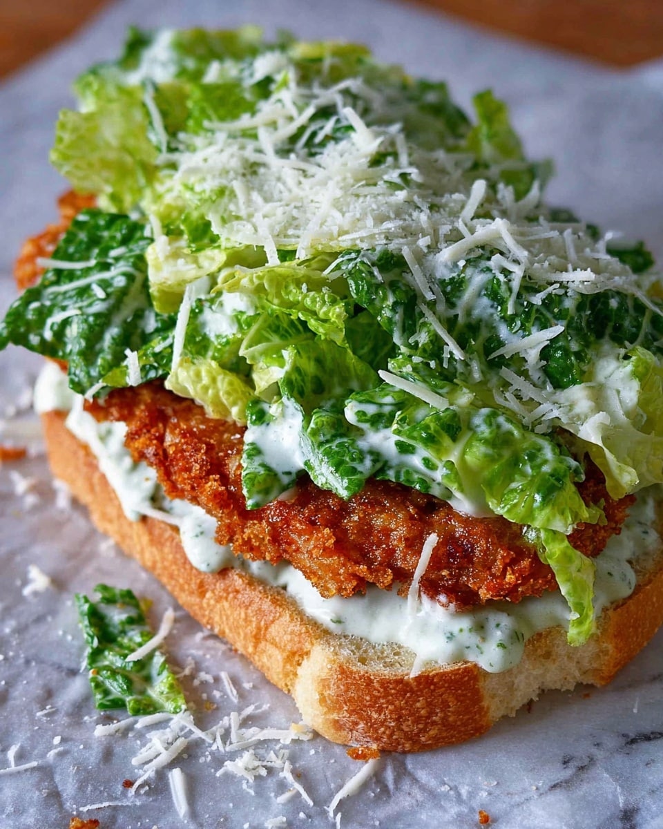 The image shows a sandwich cut in half on a wooden cutting board. The sandwich has three layers: the bottom layer is light brown crusty bread with a soft white inside, the middle layer is a thick piece of golden-brown fried chicken with a crispy texture, topped with fresh green lettuce leaves, and creamy white sauce dripping over the chicken. The top layer is a matching piece of the same bread, slightly rounded and crusty. The background is a white marbled surface and blurred dark blue. Photo taken with an iphone --ar 4:5 --v 7