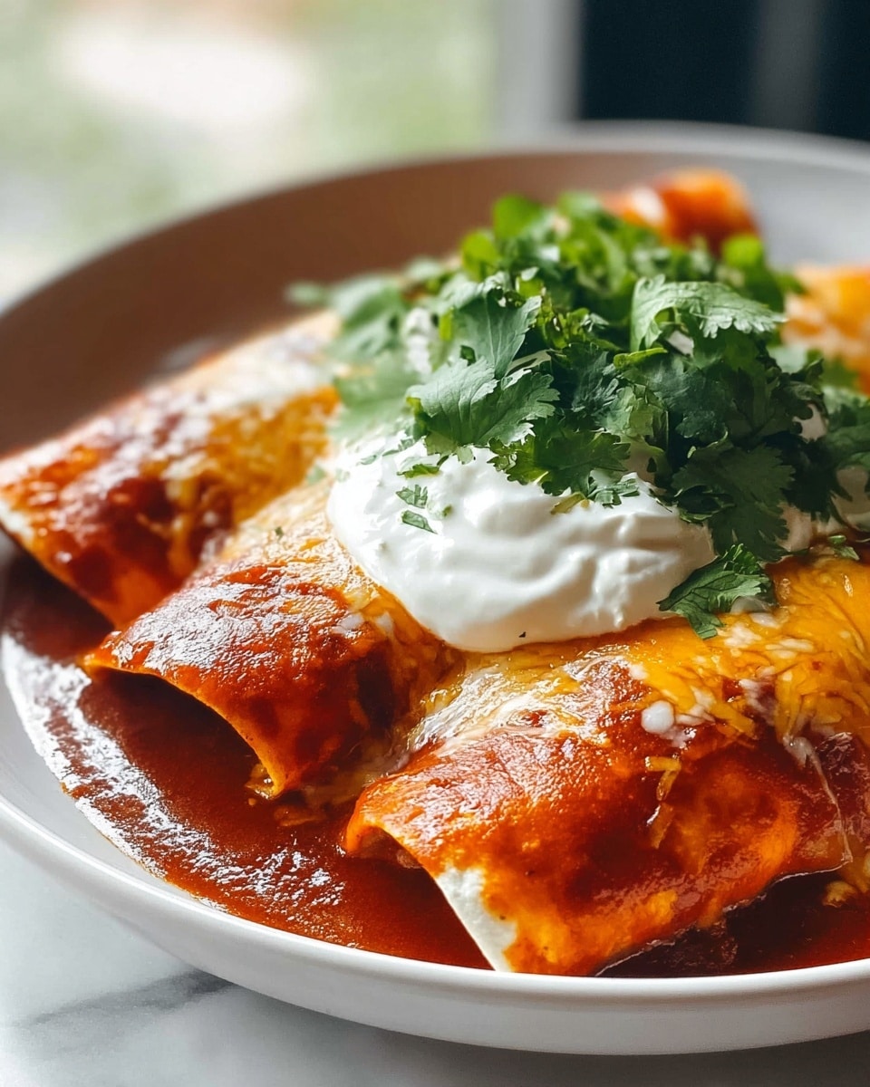 The image shows three rolled tortillas placed close together in a white bowl, each covered with a thick layer of red sauce and melted cheese that has a slightly golden tint. On top of the tortillas, there is a large dollop of white sour cream surrounded by a generous amount of fresh green cilantro leaves, adding a bright contrast. The sauce looks smooth and glossy, slightly dripping over the sides of the tortillas. The background is softly blurred with a white marbled texture surface under the bowl, giving focus to the dish. Photo taken with an iphone --ar 4:5 --v 7