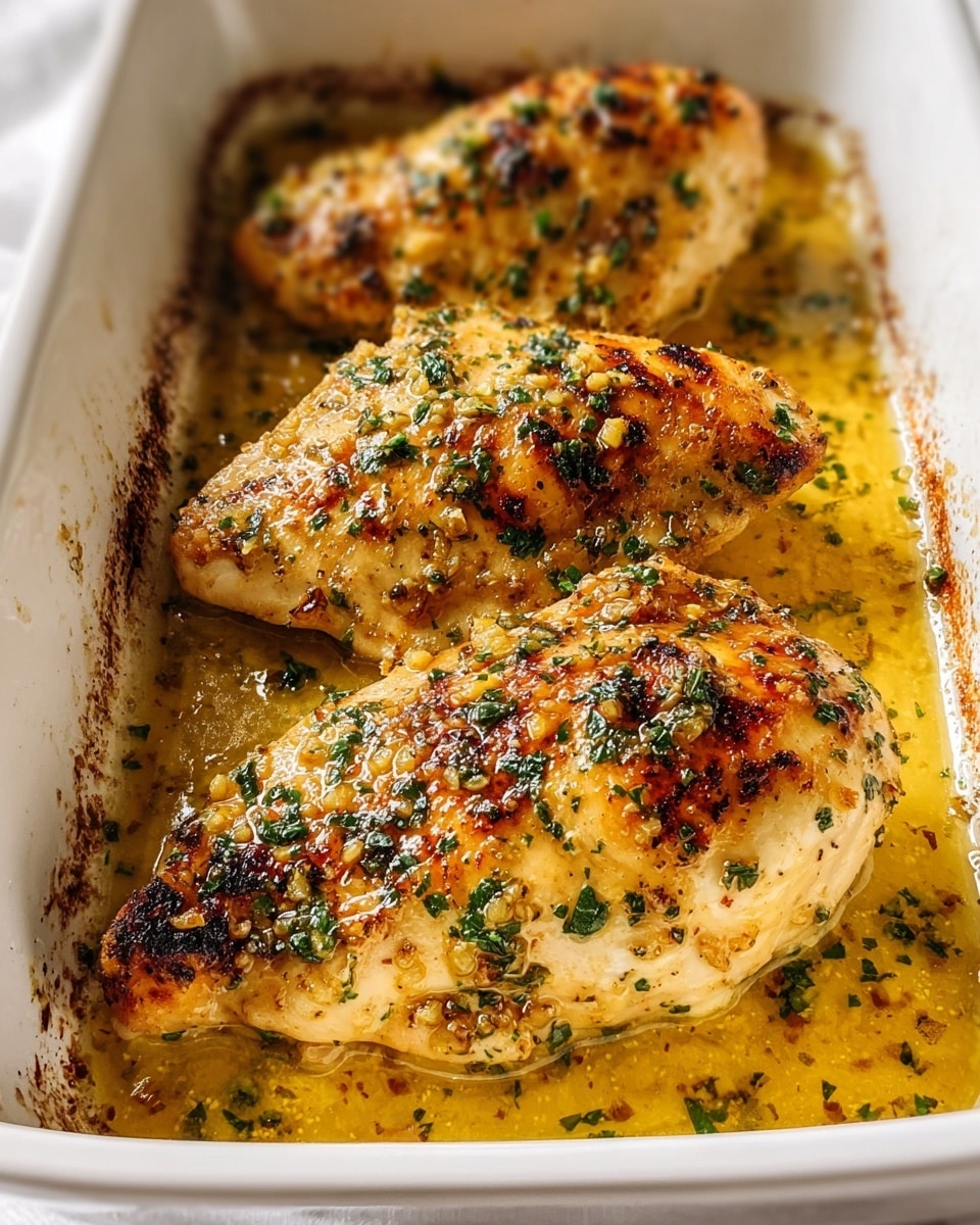 Three baked chicken pieces lie closely in a white pan lined with parchment paper. Each piece is golden brown with grill marks, showing a slightly crispy texture on top. The chicken is sprinkled with finely chopped green herbs and coated in a light yellow sauce with visible bits of garlic and spices. The sauce pools around the chicken, giving a glossy look, while the edges of the pan show some browning from cooking. The background is a white marbled surface. photo taken with an iphone --ar 4:5 --v 7