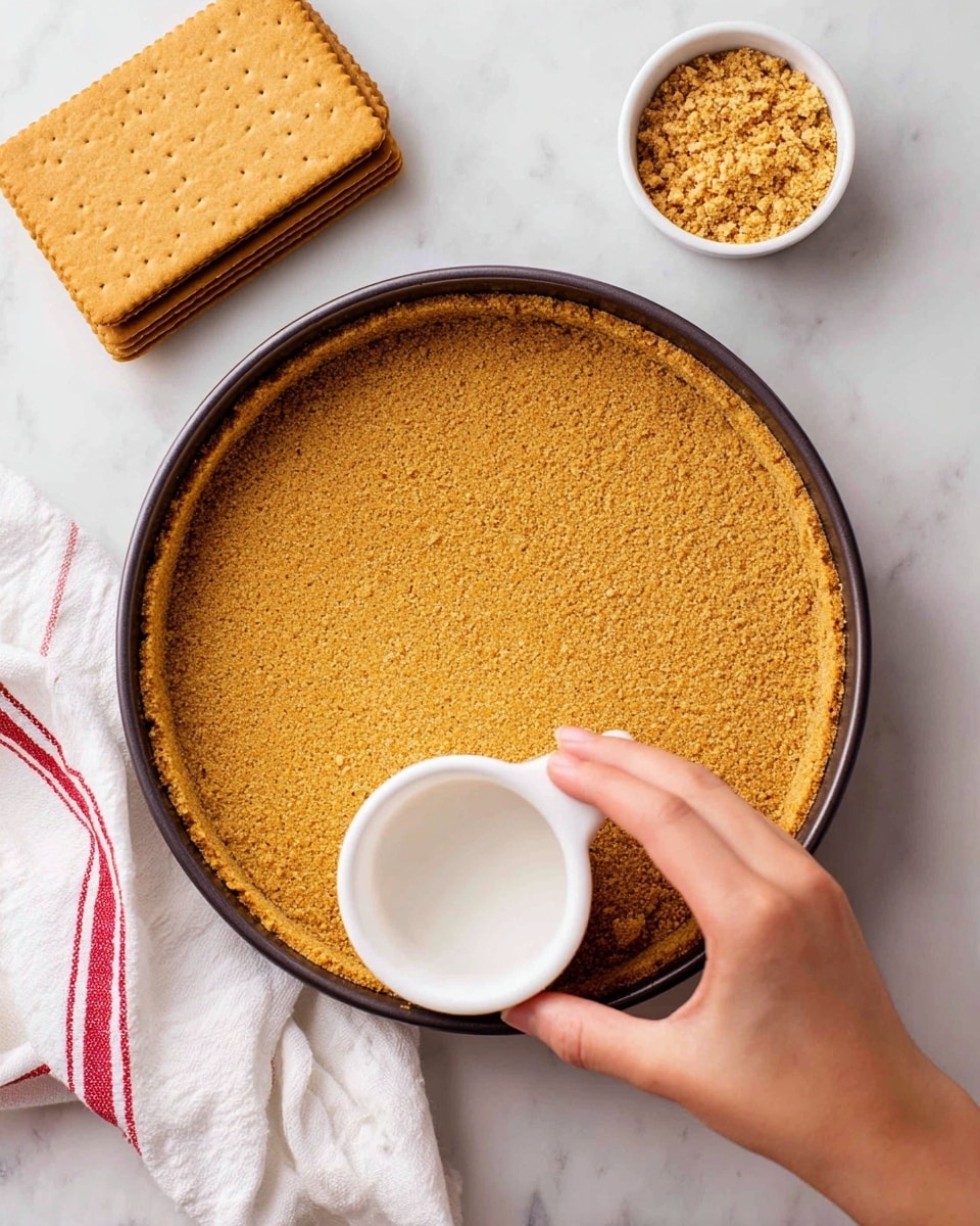 A round graham cracker crust in a round silver springform pan rests on a white marbled surface next to a red and white striped cloth. The crust is light brown, crumbly, and evenly pressed along the bottom and sides of the pan, forming a smooth edge around the top. The texture looks slightly rough and grainy, with small crumbs visible throughout. The pan has a clean, simple design, and the whole scene is shot from above in soft, natural light. photo taken with an iphone --ar 4:5 --v 7