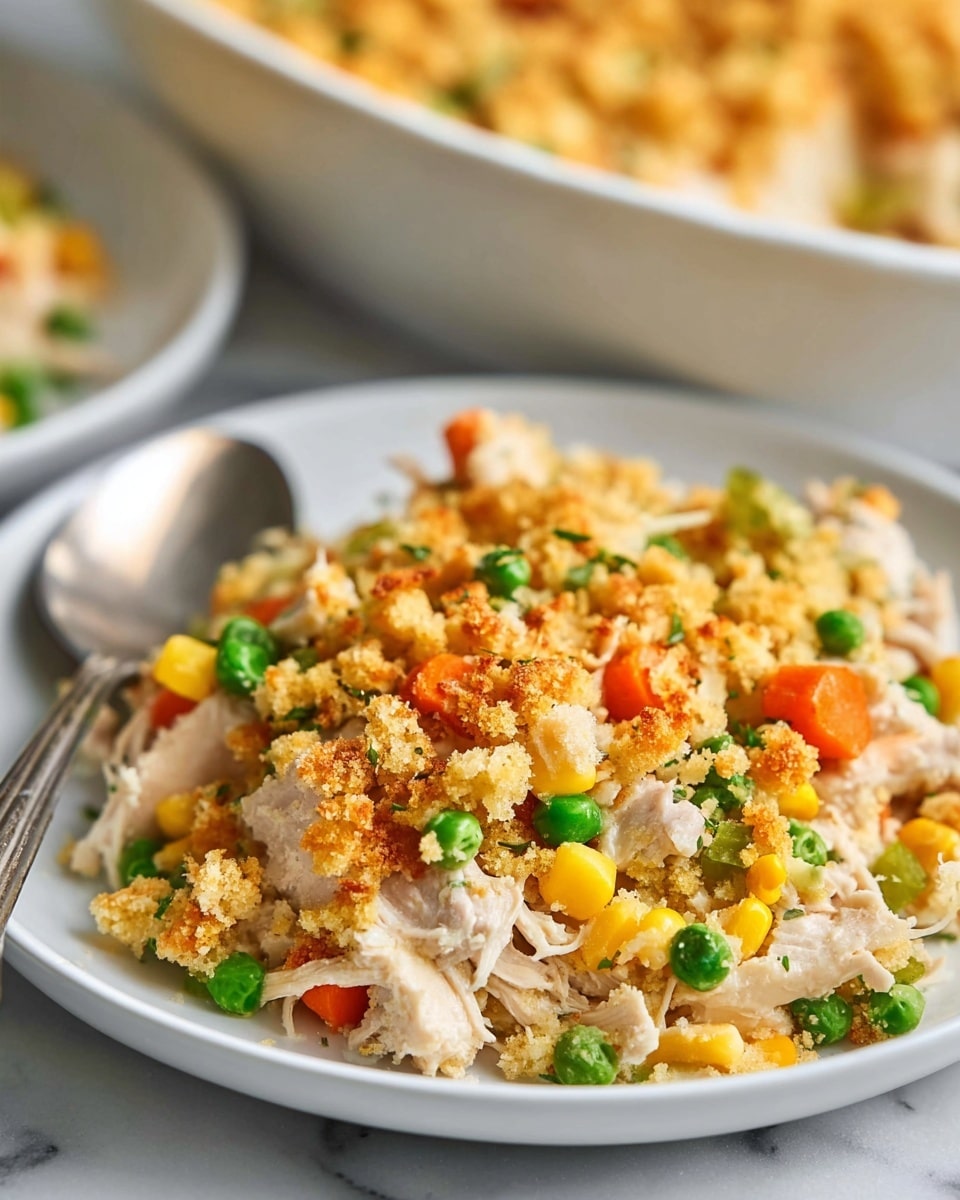 A close-up of a white plate filled with a layered chicken casserole showing soft white chicken pieces mixed with bright green peas, yellow corn, light green celery, and orange carrot chunks. The top layer has golden-brown crispy bread crumbs scattered unevenly, adding texture. A silver fork rests on the right side of the plate, partly embedded in the food. The plate sits on a stack of white plates on a white marbled surface with green herbs blurred in the background. photo taken with an iphone --ar 4:5 --v 7