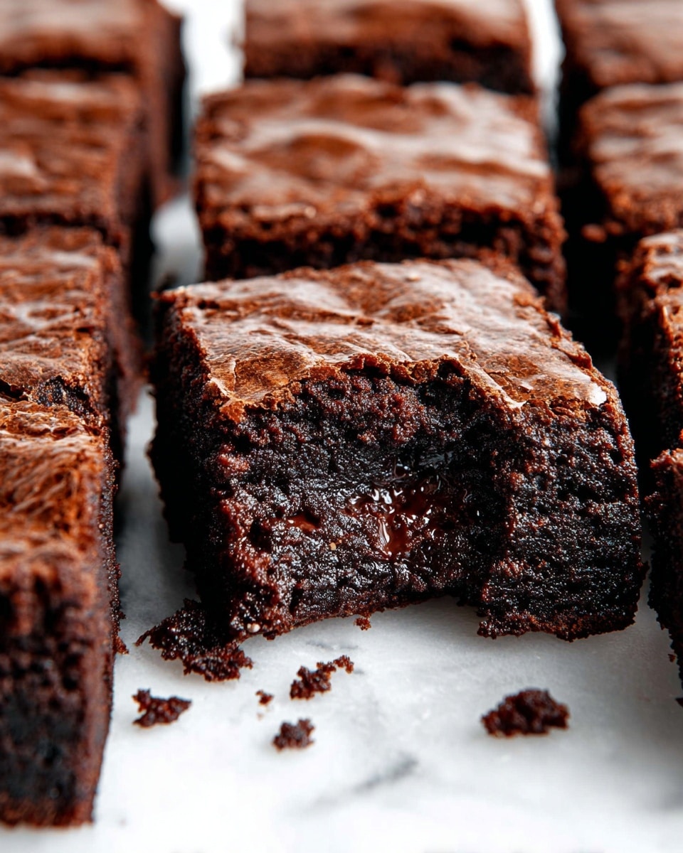 The image shows thick square pieces of dark brown chocolate brownies arranged in rows on a white marbled surface. Each brownie has a slightly shiny, cracked top layer that looks crisp, while the inside looks moist and dense with tiny bits of chocolate visible. The brownies have clear edges, and there are small crumbs scattered around the base, adding texture. One brownie in the center is pulled slightly forward, showing a detailed look of the soft, chewy inside. Photo taken with an iphone --ar 4:5 --v 7