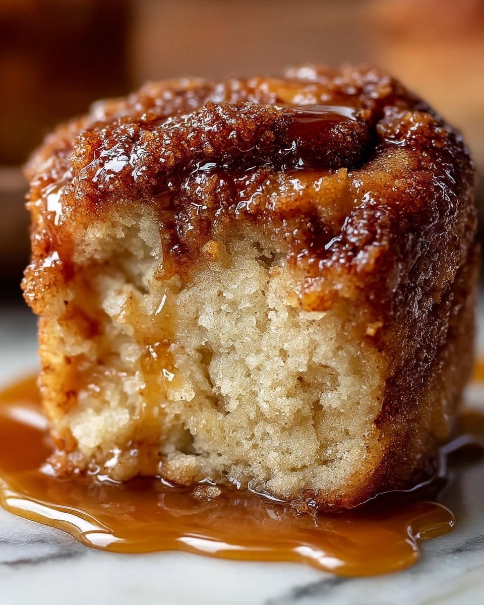 A close-up view of a sticky cinnamon roll slice showing two main layers: a moist, light beige dough layer with a fluffy texture, and a darker caramelized cinnamon sugar crust on top with a rough, crumbly look. The roll is soaked with shiny, thick, golden-brown syrup that drips down the sides and pools on the white marbled surface under it. The slice is unwrapped and stands upright, showing the inside layers and syrup clearly. The background is softly blurred, focusing attention on the roll’s texture and syrup, photo taken with an iphone --ar 4:5 --v 7