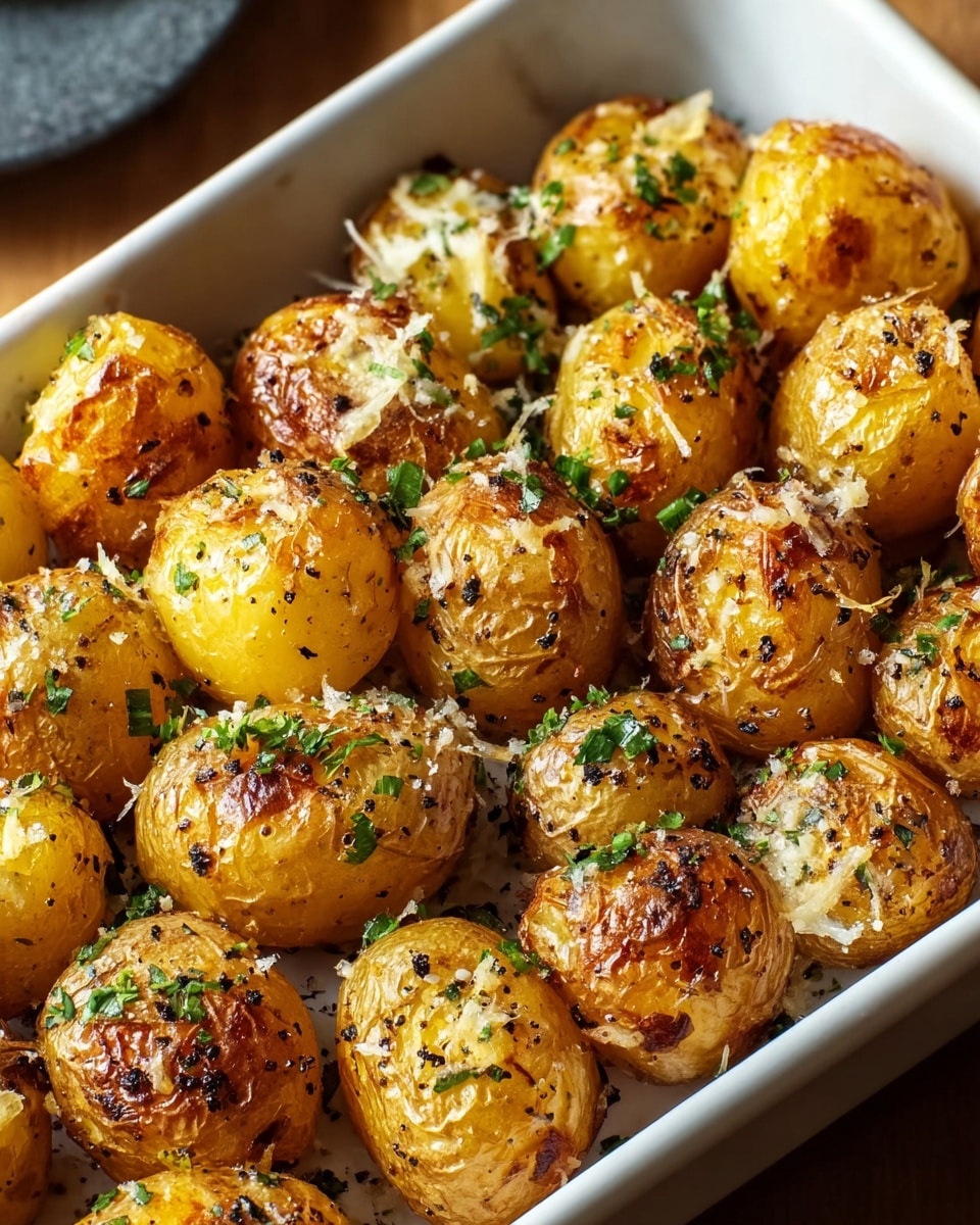 The image shows a tray holding many small, round roasted golden potatoes. Each potato has a slightly crispy skin with darker brown spots. On top of the potatoes, there are small bits of melted white cheese, black pepper, and green herbs sprinkled all over. The potatoes are arranged close together, filling the whole white tray. The background surface has a white marble texture that softly contrasts with the warm golden colors of the potatoes. photo taken with an iphone --ar 4:5 --v 7