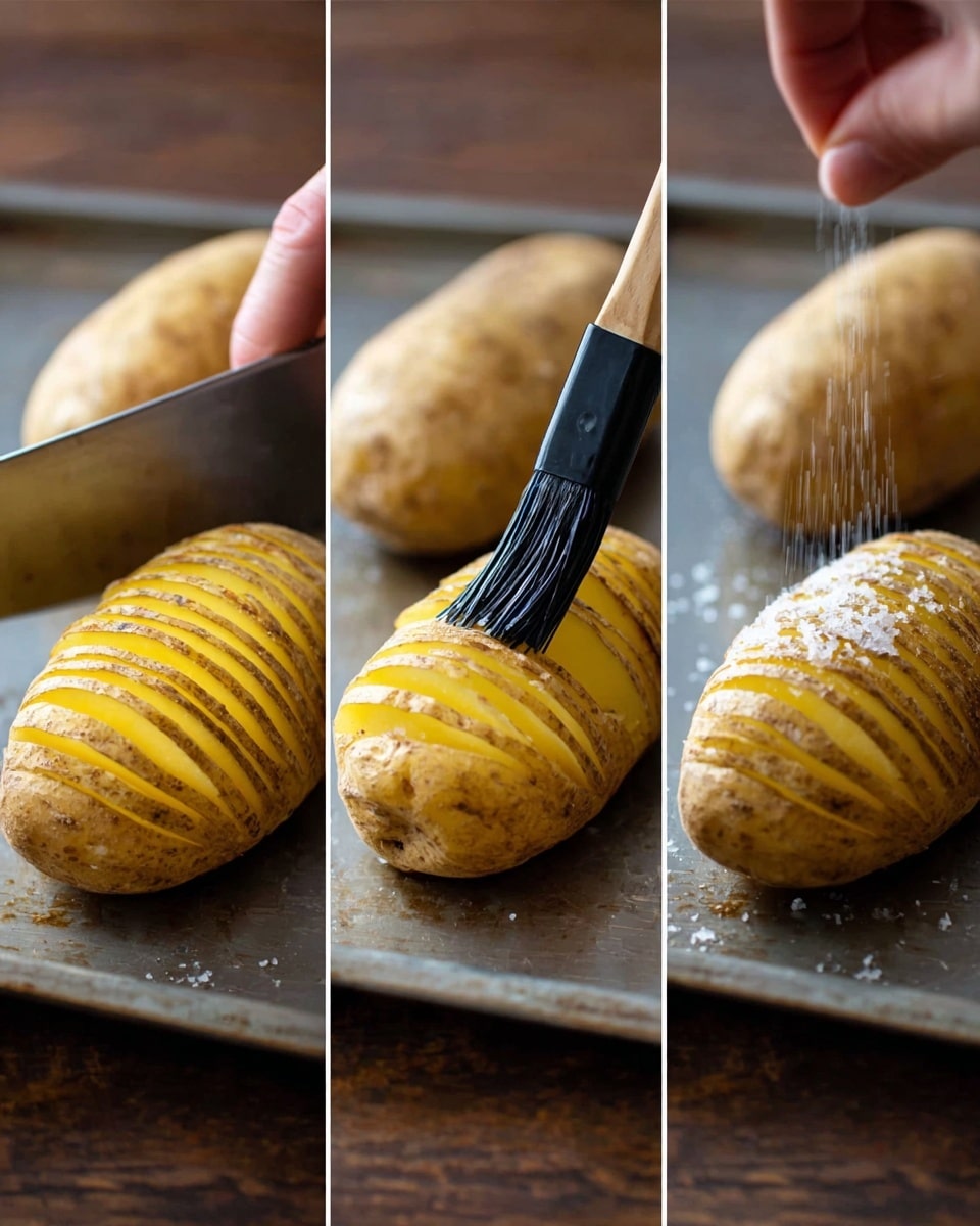 The image shows a close-up of a potato being prepared in three steps. On the left side, a woman's hand is holding a knife slicing thin, even vertical cuts along the length of a yellowish-brown potato resting on a wooden stick on a dark wooden surface. The middle section displays a black brush applying oil or butter on the potato, which has fine cuts all over its body and lies on a metal baking tray. The right side shows a woman's hand sprinkling salt or seasoning over the oiled potato on the same metal tray, with one more potato blurred in the background. photo taken with an iphone --ar 4:5 --v 7