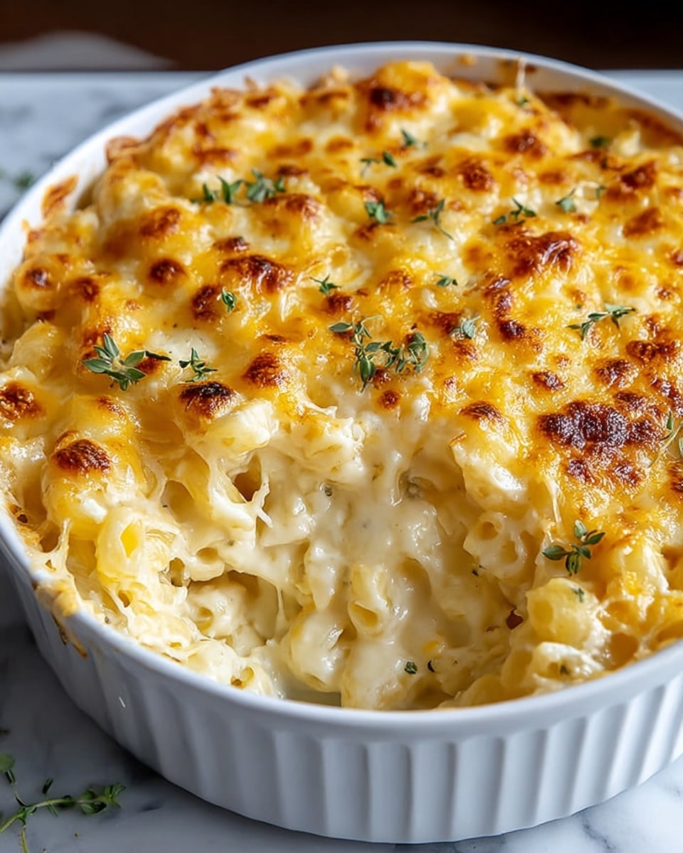 A white baking dish filled with a macaroni and cheese casserole that has a golden brown, slightly crispy top layer made of melted cheese. Below the top, there is a creamy, soft macaroni layer with small, smooth pasta shapes coated in a lightly speckled cheese sauce. Small green herb leaves are scattered on the top layer for decoration. The dish sits on a white marbled surface with a partially visible dark cloth underneath. photo taken with an iphone --ar 4:5 --v 7