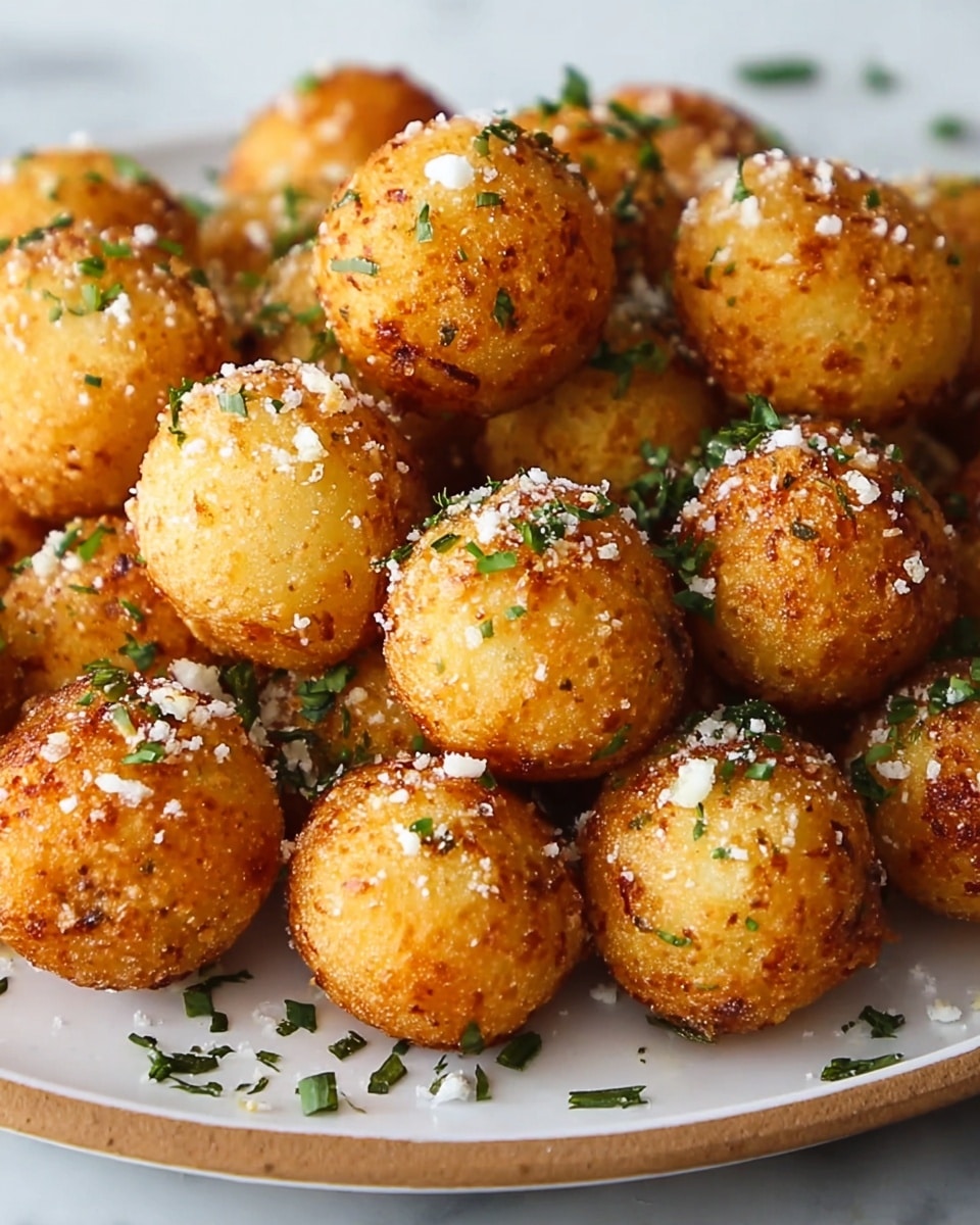A close-up view of round, golden brown fried balls piled together in a white bowl, each ball showing a crispy texture with slightly darker spots where they are fried more. On top of them, there is a light layer of white grated cheese and small green parsley leaves scattered evenly. The balls have a rough surface that catches the light, making them look crunchy and fresh against the soft white marbled background. photo taken with an iphone --ar 4:5 --v 7