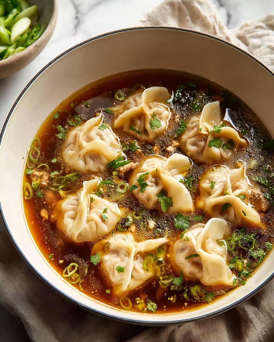 A white pot filled with a dark brown broth holds eight light beige dumplings floating on the surface, each with delicate folds and a slightly translucent texture. The broth has small pieces of light brown meat and is topped with bright green chopped herbs scattered evenly over the dumplings and soup. The pot is placed on a beige cloth, and a bowl with green vegetables can be seen softly blurred in the background, all set on a white marbled surface. Photo taken with an iphone --ar 4:5 --v 7