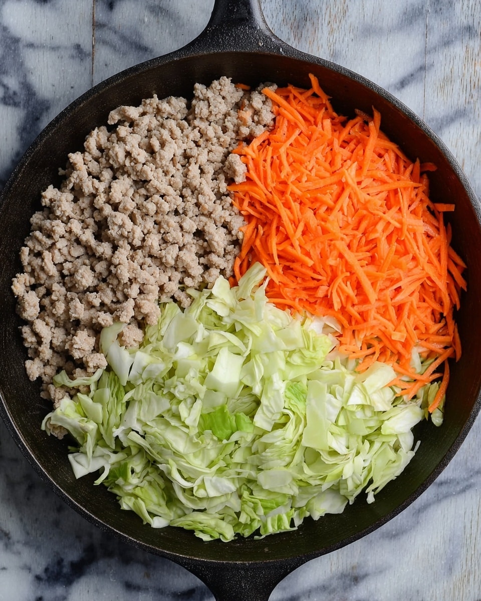 In a black cast iron pan, three layers of ingredients are neatly arranged side by side: light brown cooked ground meat fills the bottom left portion, bright orange shredded carrots are positioned at the top left, and pale green thin shredded cabbage covers the right half of the pan. The pan rests on a white marbled surface, highlighting the vivid colors and textures of the ingredients inside. photo taken with an iphone --ar 4:5 --v 7