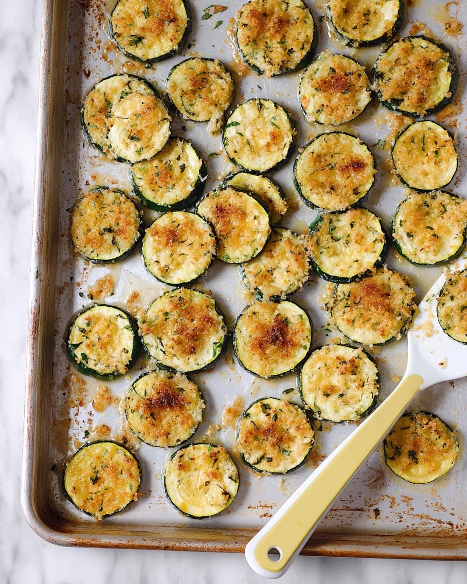A baking tray with round slices of cooked zucchini spread out in a single layer, each piece showing a green outer skin and a tender, golden-yellow center with some light brown spots from roasting. Some slices have small green herb bits and light seasoning specks on top. A beige spatula with yellow edges is scooping up one zucchini slice on the right side of the tray. The tray is on a white marbled surface. photo taken with an iphone --ar 4:5 --v 7