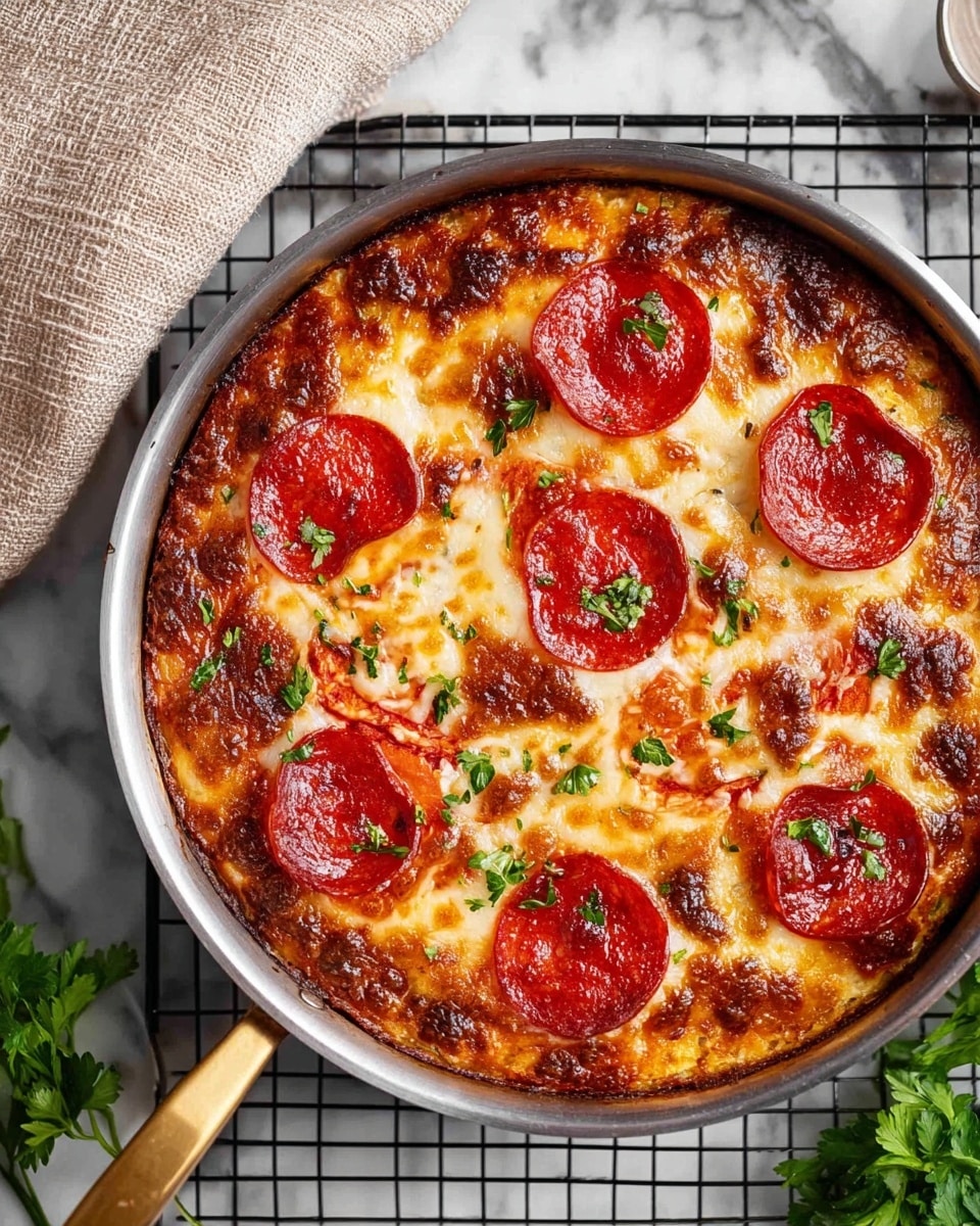 A round pizza in a silver pan with a gold handle sits on a black cooling rack over a white marbled surface. The pizza has one layer of melted golden cheese with many dark brown spots where it is baked more, scattered green parsley bits on top, and six evenly spaced red pepperoni slices around the pizza near the center and edges. Some mushrooms and small bits of tomato are visible beneath the cheese. Photo taken with an iphone --ar 4:5 --v 7