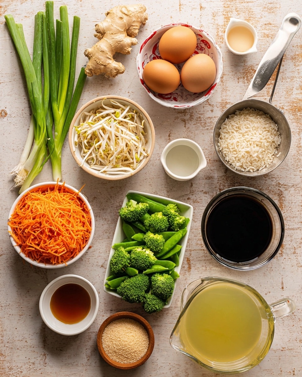 The image shows several cooking ingredients arranged neatly on a dark wooden surface. From top to bottom, on the left side, there are green onions with long green stalks, a piece of fresh ginger root with a bumpy light brown texture, a white bowl with yellow bean sprouts, another white bowl containing thin bright orange carrot strips, and a bunch of fresh green broccoli florets. In the center, there is a white bowl with two brown eggs resting on a red patterned dish, a small beige bowl with four peeled garlic cloves, a metal measuring cup filled with white uncooked rice, and a white scalloped bowl with light-brown granulated sugar. On the right side, a large transparent measuring cup holds a light amber liquid, a white square bowl contains green snap peas, and beside it is a white small pitcher filled with dark soy sauce. Below, there are four tiny bowls holding different liquid seasonings: a reddish orange sauce, a pale golden liquid, a light green liquid, and a light beige powder in a very small bowl. Photo taken with an iphone --ar 4:5 --v 7