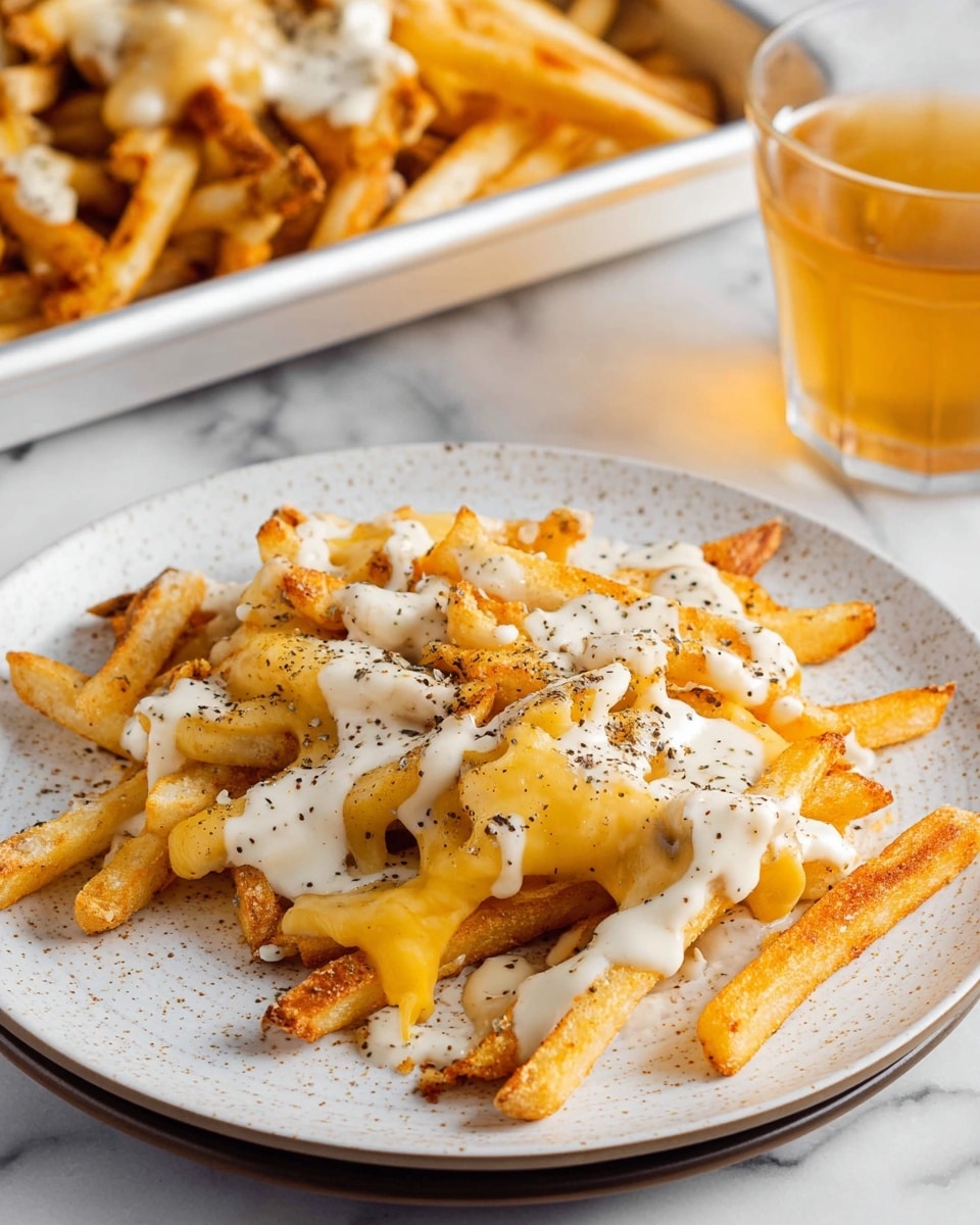 A white plate holds a layer of golden-brown fries seasoned with black pepper and spices, topped with melted pale yellow cheese that covers some fries unevenly, and drizzled with a creamy white sauce spread in small patches across the fries. The fries have a crispy texture with visible seasoning, and the overall look is warm and inviting. In the background, there is a white tray filled with more fries topped with melted cheese and sauce, and a clear glass with a light amber drink sits to the side, all set on a white marbled surface. photo taken with an iphone --ar 4:5 --v 7