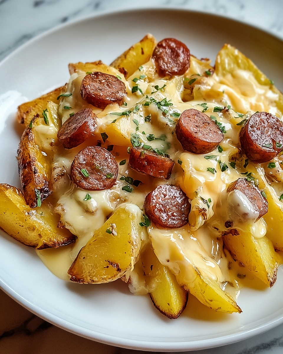 The dish shows a close-up of a white plate filled with three main layers: at the bottom are golden yellow potato wedges with specks of brown skin visible; the middle layer is melted cheese in a creamy light yellow color, covering the potatoes and stretching with a soft, smooth texture; scattered on top are small, browned sausage slices that are circular, dark reddish-brown with slightly crispy edges; tiny green herb bits are sprinkled over everything. The plate sits on a white marbled surface. photo taken with an iphone --ar 4:5 --v 7