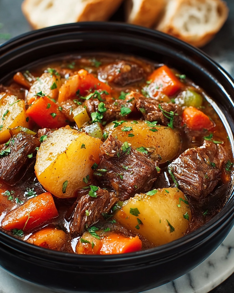 A bowl filled with a rich beef stew composed of large dark brown beef chunks layered with bright orange baby carrots and whole light yellow baby potatoes, all immersed in a glossy brown broth with visible chopped onions and sprinkled green parsley on top; the bowl is white and set on a white marbled surface, with a slice of bread partially visible in the background photo taken with an iphone --ar 4:5 --v 7