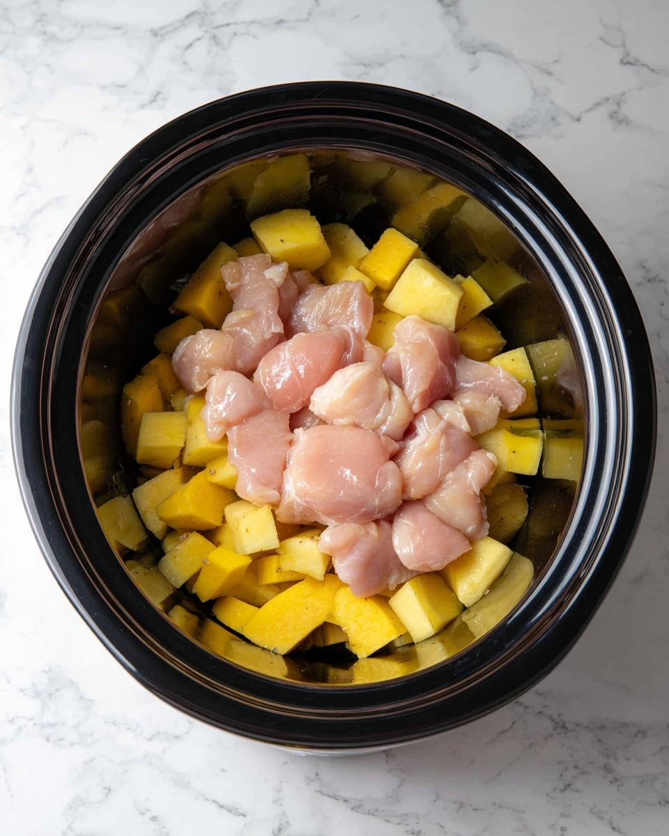 Inside a black slow cooker, there are two visible layers. The bottom layer is made of small yellow potato pieces with some light brown skin on them, scattered evenly across the base. On top, there is a layer of raw, light pink chicken chunks piled in the center with a soft, smooth texture. The slow cooker sits on a white marbled surface, showing a clean and bright kitchen setting. Photo taken with an iphone --ar 4:5 --v 7