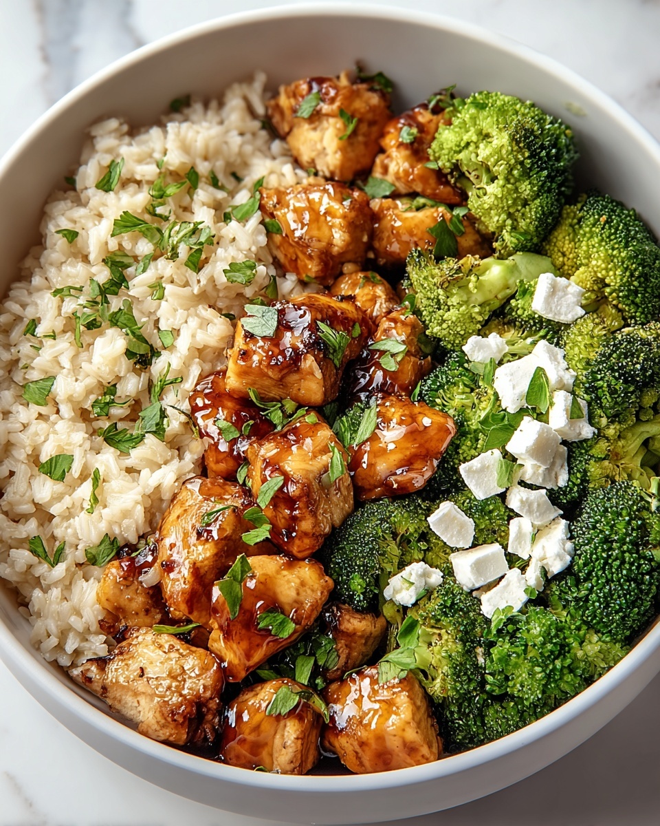 A white bowl shows three sections of food arranged side by side on a white marbled surface. The left section has a layer of light beige cooked rice with small green herbs sprinkled on top. The middle section features glazed golden brown chicken pieces with a shiny sauce and green herbs scattered over them. The right section holds bright green roasted broccoli florets topped with white cubes of cheese, also sprinkled with green herbs. The bowl’s inside is smooth with a soft gray color. photo taken with an iphone --ar 4:5 --v 7