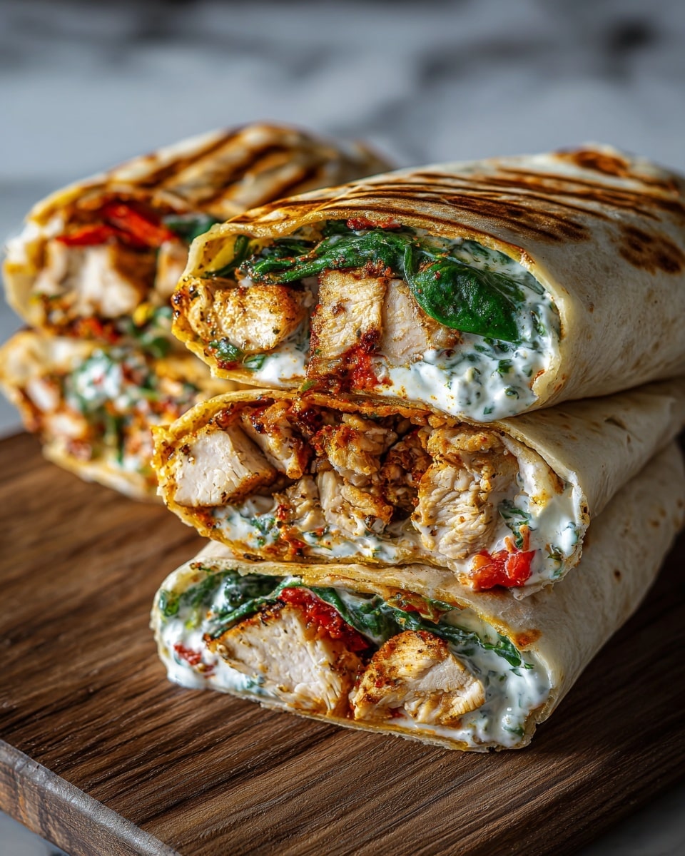 The image shows four grilled wraps, each cut in half to reveal the filling inside. The wraps have a golden-brown grilled pattern on the outside tortilla layer. Inside, there are three main layers: the top layer is green leafy spinach or similar greens, the middle layer is pieces of seasoned cooked chicken with a slightly charred texture and light brown color, and the bottom layer consists of creamy white sauce with herbs mixed in alongside some roasted red peppers. The wraps are stacked on a wooden board with a white marbled textured surface in the background. photo taken with an iphone --ar 4:5 --v 7