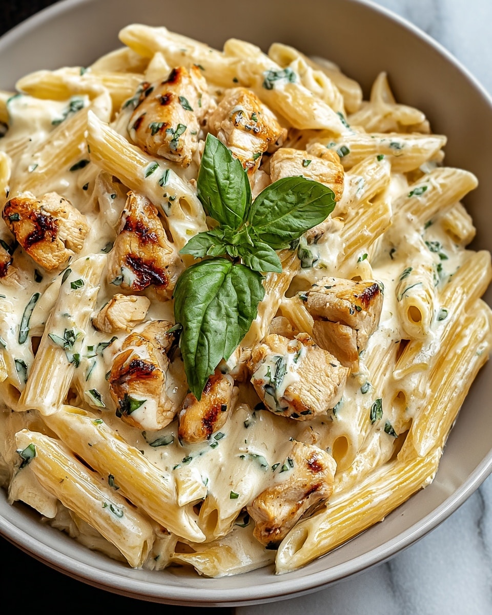 A deep white bowl filled with creamy penne pasta mixed with pieces of golden brown cooked chicken, coated in a rich, light beige sauce with visible specks of herbs. Bright green parsley flakes are sprinkled throughout, adding color contrast on top of both the pasta and chicken. The penne is well blended with the sauce, showing smooth and glossy textures. The bowl sits on a white marbled surface, and the overall look is warm and inviting with a soft natural light highlighting the dish's details. photo taken with an iphone --ar 4:5 --v 7
