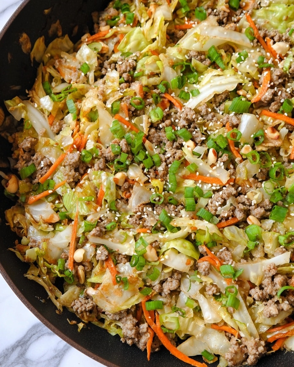 A close-up view of a cooked dish in a black pan, showing a mix of small, browned ground meat pieces scattered among light green cabbage slices and thin orange carrot strips. The dish is topped with chopped green onions, sprinkled white sesame seeds, and small chopped nuts, creating a variety of small texture details throughout the image. The background is a white marbled texture. photo taken with an iphone --ar 4:5 --v 7