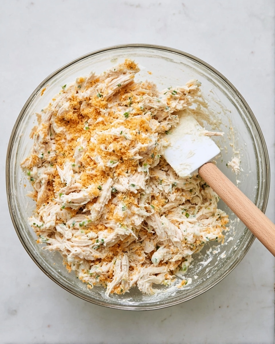 The image shows a clear glass bowl with a creamy mixture inside that has three main layers: shredded pale beige chicken pieces mixed evenly with fluffy off-white rice as the base, small bits of bright orange cheese scattered throughout, and a white wooden spoon with a light brown handle resting inside the bowl on the right side. The mixture looks moist and soft with textures of shredded meat and rice. The bowl sits on a white marbled textured surface. Photo taken with an iphone --ar 4:5 --v 7