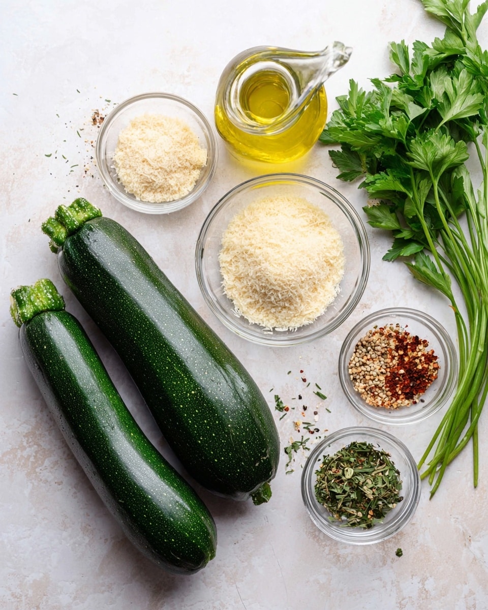 Two whole dark green zucchinis lay side by side on a white marbled surface, with one end slightly closer to the camera. To the left, there are two small clear glass bowls, one filled with grated Parmesan cheese showing a fine, pale yellow texture, and the other holding red chili flakes with a coarse, flaky texture. To the right of the zucchinis, a bunch of fresh green parsley with leafy stems is placed beside a small clear glass bowl containing a mix of beige and brown powdered spices. Above the parsley, there is a small clear glass bottle filled with golden olive oil, with a round stopper on top. The overall arrangement is neat with natural lighting highlighting the fresh ingredients photo taken with an iphone --ar 4:5 --v 7