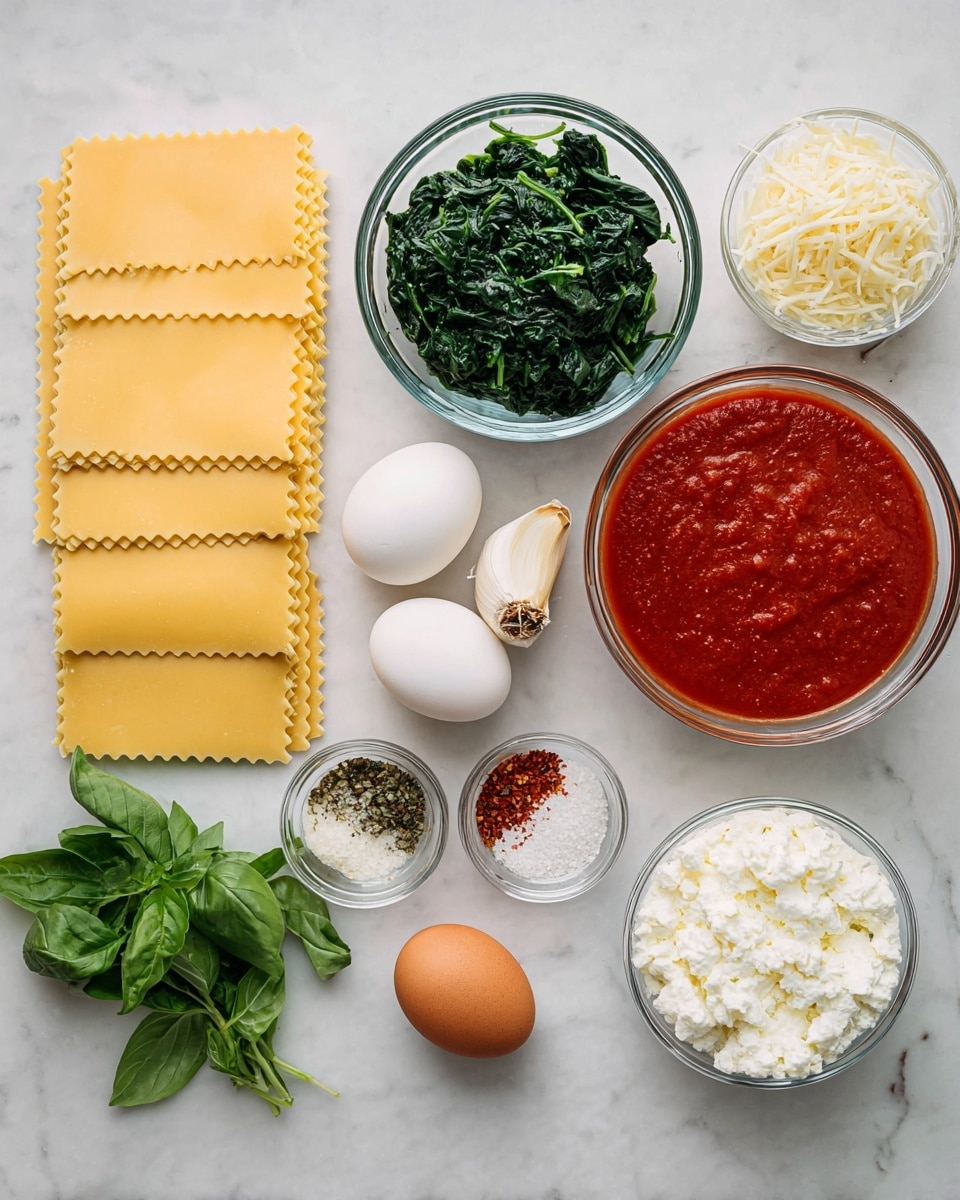 The image shows lasagna ingredients neatly laid out on a white marbled surface. There are five wide, flat, wavy-edged lasagna noodles laid flat in a stack on the left side. Above them is a clear glass bowl of chopped cooked spinach, dark green and leafy. To the right of the spinach is a small glass bowl with shredded white cheese. At the center right is a large, clear glass bowl filled with smooth, bright red tomato sauce. Below that is another clear glass bowl with white ricotta cheese, fluffy and creamy in texture. Near the ricotta is a small bowl of grated Parmesan cheese, fine and pale yellow. In the middle of the setup are two garlic cloves and a small bowl with mixed dry herbs and red chili flakes. An uncooked brown egg lies near the ricotta. On the far right is a bunch of fresh green basil leaves with stems. The whole scene is bright and clean. Photo taken with an iphone --ar 4:5 --v 7