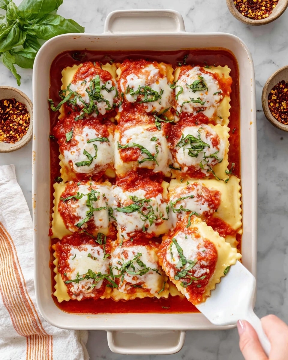 The dish shows a white rectangular baking dish filled with nine square ravioli pieces arranged in a 3x3 grid. Each ravioli is pale yellow with scalloped edges, topped with a bright red tomato sauce and melted white cheese that looks smooth and slightly stretchy. Fresh green chopped basil is sprinkled over all the ravioli, adding a fresh touch of color. The baking dish sits on a white marbled surface, and a woman's hand is using a white spatula with a silver handle to lift one corner ravioli out of the dish, showing slightly melted cheese stretching between the pasta and the dish. In the background, there is a small white bowl with red pepper flakes. photo taken with an iphone --ar 4:5 --v 7