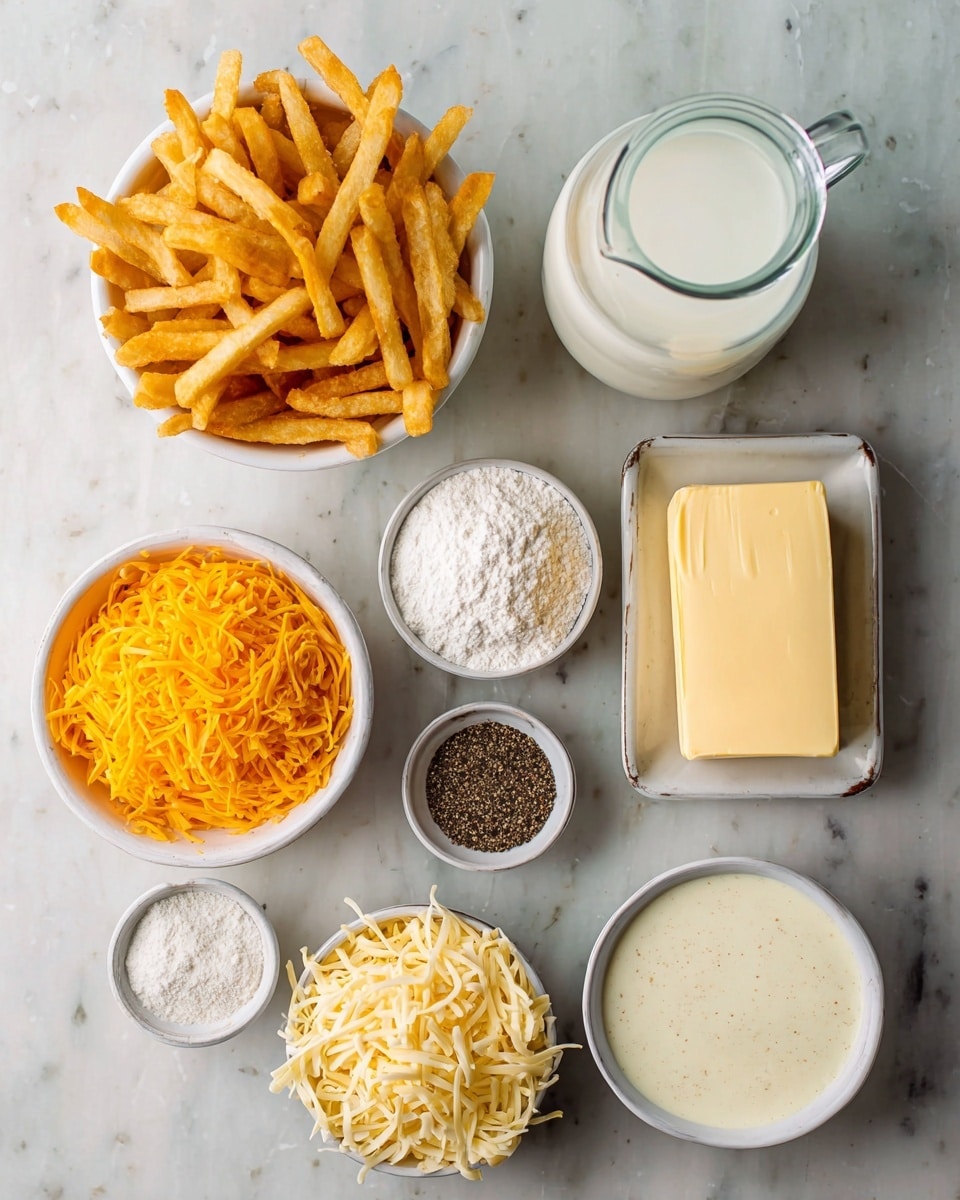 The image shows several white bowls and small dishes arranged on a white marbled surface. At the top left, there is a white bowl full of golden yellow French fries. To the right, there's a clear glass jug filled with white milk. Below, on the left side, there's a white bowl filled with shredded bright orange cheddar cheese. To its right, a small white dish holds a pale yellow square of butter. In the center, there's a small white bowl filled with white flour. To the right of that, a white bowl contains shredded light yellow cheese with some red specks mixed in. Below the center, a small white dish contains a dark ground spice, and next to it, another small white dish holds black pepper. At the bottom right, there is a white bowl filled with a creamy white sauce with tiny dark specks visible. The scene is well lit and clean. Photo taken with an iphone --ar 4:5 --v 7