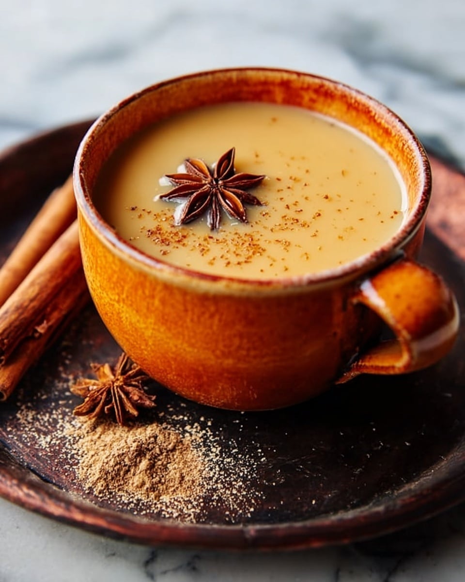 A close-up of a small filled cup with a warm beige creamy drink, topped with a single star anise floating on the surface. The cup is a rich orange color with a slight rough texture and a small handle on the right side. Around the cup, placed on a dark rustic tray, are two cinnamon sticks, a sprinkle of ground spice, and one star anise pod. The background shows a white marbled surface. photo taken with an iphone --ar 4:5 --v 7