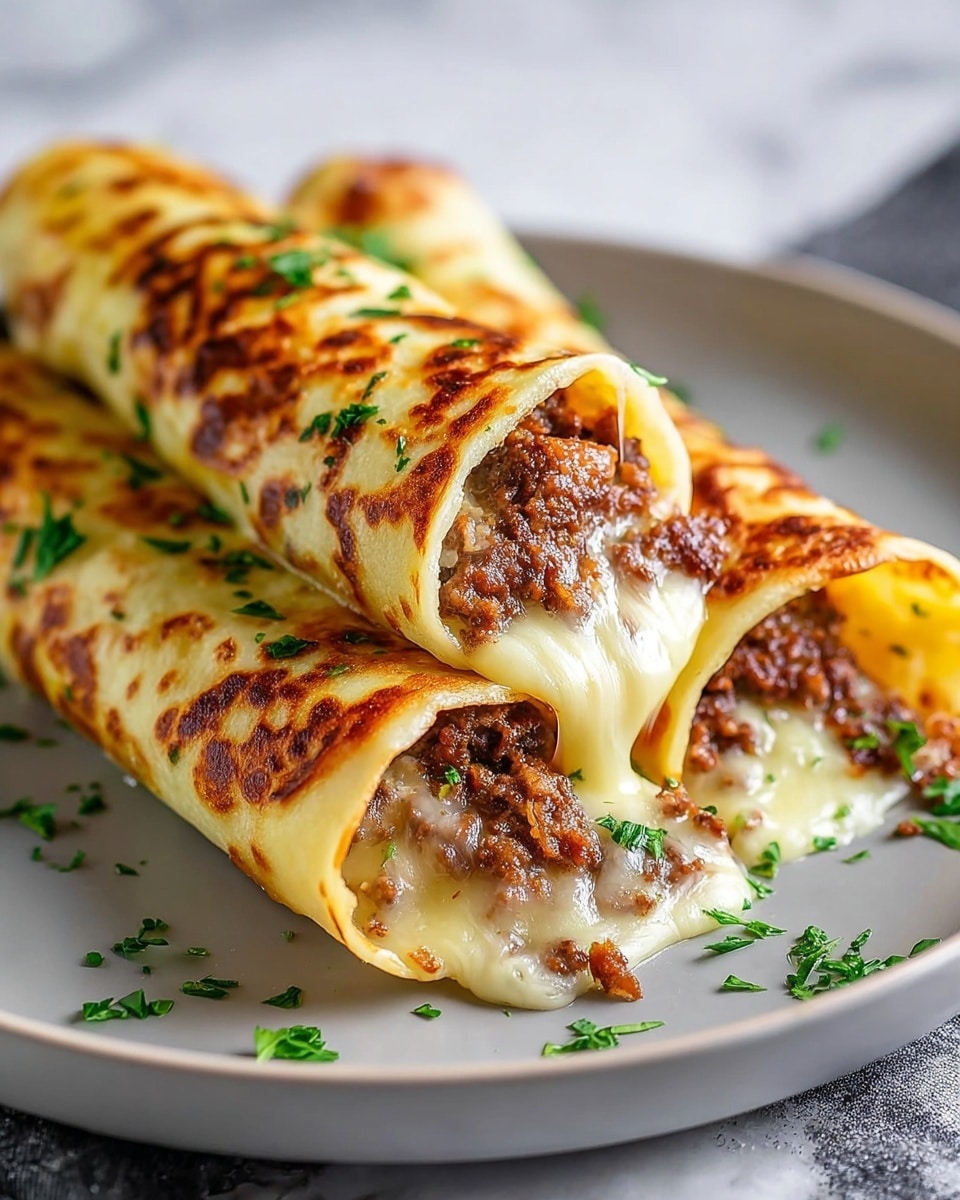 This image shows three rolled crepes filled with a brown meat and mushroom mixture on a white plate. The crepes have a golden-brown color on the edges with melted white cheese on top, browned in spots, and chopped green herbs sprinkled over everything. The plate is on a white marbled surface, and the focus is close up on the crepes, showing the texture of the filling and the melted cheese. Photo taken with an iphone --ar 4:5 --v 7