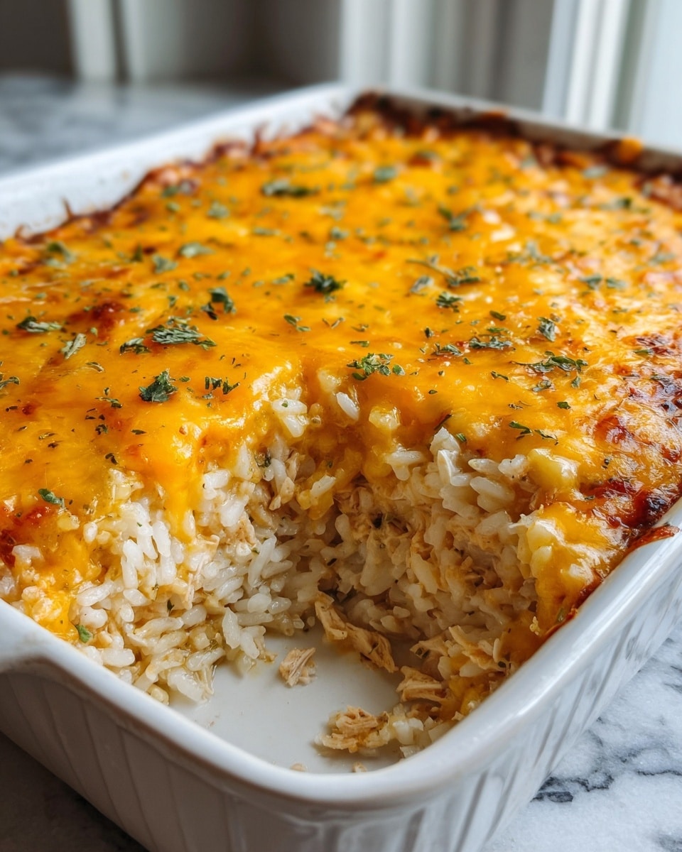 This image shows a baked casserole in a white baking dish with three visible layers. The bottom layer is white cooked rice, the middle layer has shredded light brown chicken mixed with some rice, and the top layer is melted golden-yellow cheese with a few browned spots and small green herb pieces sprinkled on top. A portion of the casserole is missing from the front, revealing the layers inside. The dish is set on a white marbled textured surface near a window. Photo taken with an iphone --ar 4:5 --v 7