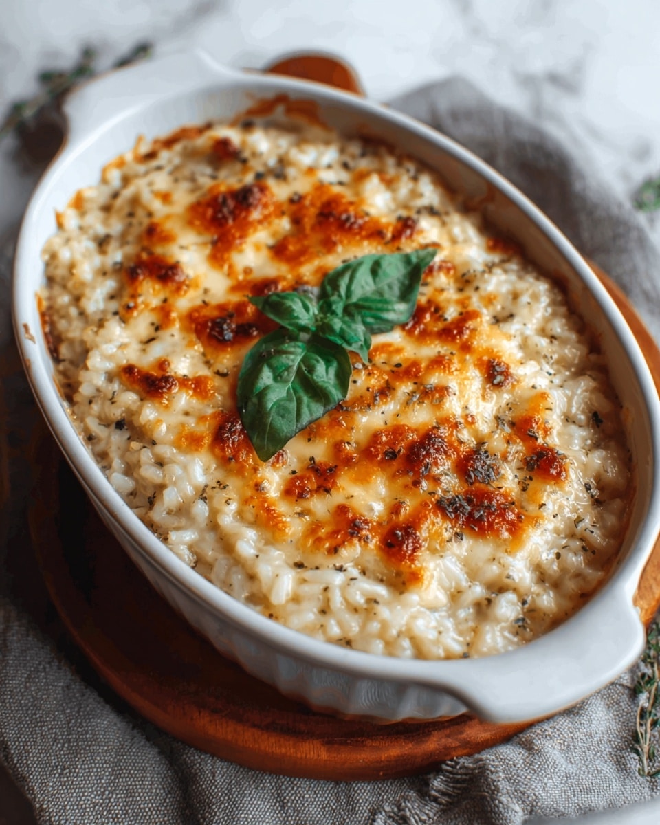 A white oval dish holds a creamy risotto with a golden-brown, slightly bubbly melted cheese top layer, showing uneven patches of toasty orange and light brown. The risotto underneath is a soft, off-white with a thick, rich texture mixed with small bits of herbs and pepper. A single fresh green basil leaf sits in the center on top of the cheese. The dish rests on a wooden board, placed on a light gray cloth, all set against a white marbled surface. photo taken with an iphone --ar 4:5 --v 7