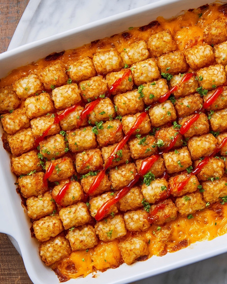 A white rectangular baking dish filled with two layers: the bottom layer is covered with a rich, orange melted cheddar cheese that looks smooth and slightly oily; on top, there is a neat layer of crispy, golden-brown tater tots arranged side by side, all drizzled with a zigzag of bright red hot sauce and sprinkled with small pieces of fresh green herbs. The dish rests on a white marbled surface photo taken with an iphone --ar 4:5 --v 7