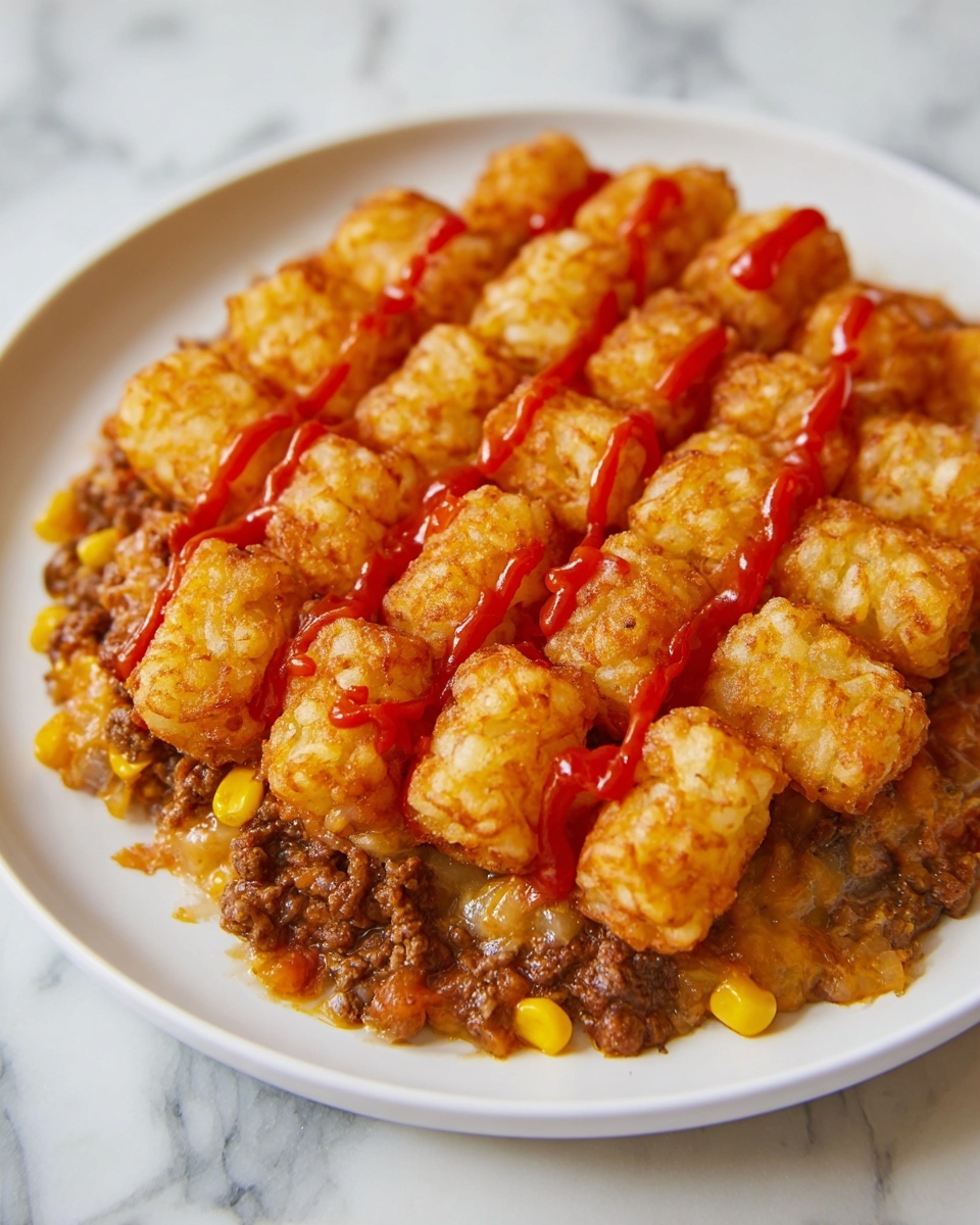 The image shows a white rectangular baking dish filled with a layered casserole. The bottom layer is a mix of cooked ground meat and bright yellow corn kernels, partially visible where a section is missing. Above this is a golden, melted cheese layer that covers the meat and corn. The top layer consists of several rows of golden brown tater tots placed closely together. The casserole is drizzled with a reddish sauce and sprinkled with small green herb pieces. The edges of the dish show some browned cheese and sauce baked onto the sides. The dish rests on a white marbled surface. photo taken with an iphone --ar 4:5 --v 7