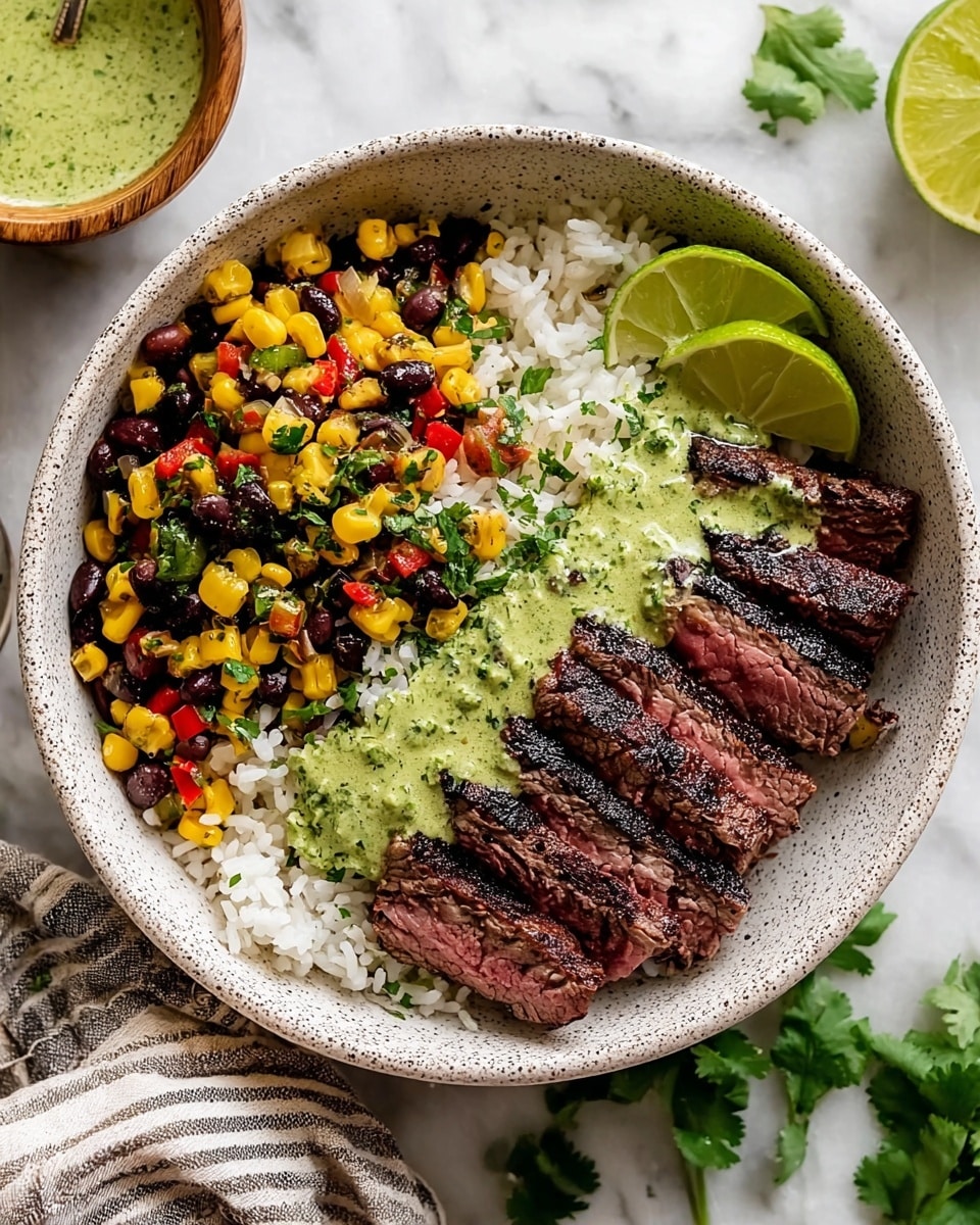 A white bowl holds four distinct layers arranged side by side: at the bottom is a bed of fluffy white rice, topped on one side by vibrant, grilled yellow corn kernels, and next to that, dark red kidney beans mixed with diced red bell peppers. On the other side, slices of medium-rare steak with a charred, dark brown crust lay neatly together, showing a pink center. A green sauce with a smooth texture is drizzled over the corn, beans, and steak, garnished with small green herb pieces. The bowl sits on a white marbled surface, surrounded by lime wedges and fresh cilantro leaves, with a wooden bowl of green sauce in the background. Photo taken with an iphone --ar 4:5 --v 7