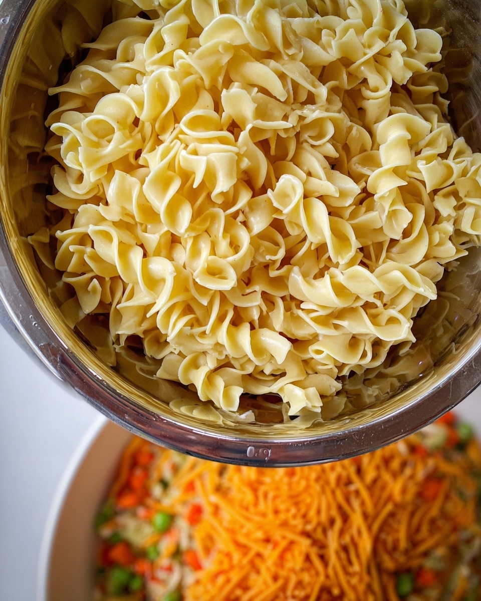 A close-up view of a shiny metal bowl filled with cooked egg noodles showing their soft, twisted shapes in a pale yellow color. Below the bowl, out of focus, is a white marbled surface with a layer of shredded orange cheddar cheese mixed with bits of green vegetables and small pieces of orange carrot. The metal bowl is held above the marbled surface, showing its round edges and a bit of moisture on the inside. photo taken with an iphone --ar 4:5 --v 7