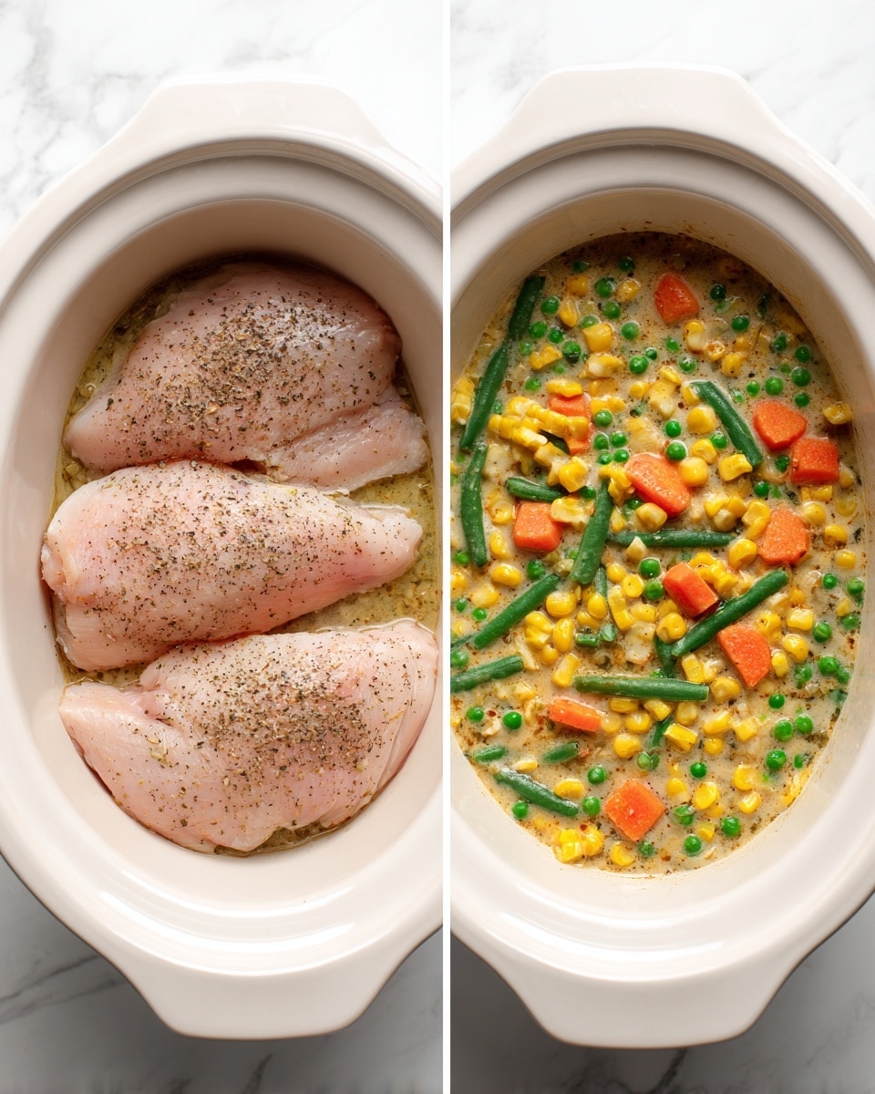 The image shows a white slow cooker with two views side by side. On the left side, there are three raw chicken pieces placed flat inside the cooker, each sprinkled with black pepper and seasoning. The chicken looks fresh and lightly pink. On the right side, the same cooker holds a thick creamy stew with visible green beans, orange carrot cubes, peas, and bright yellow corn kernels scattered on top. The stew looks mixed but still colorful, with the vegetables floating on a light beige sauce. The slow cooker sits on a white marbled surface. Photo taken with an iphone --ar 4:5 --v 7