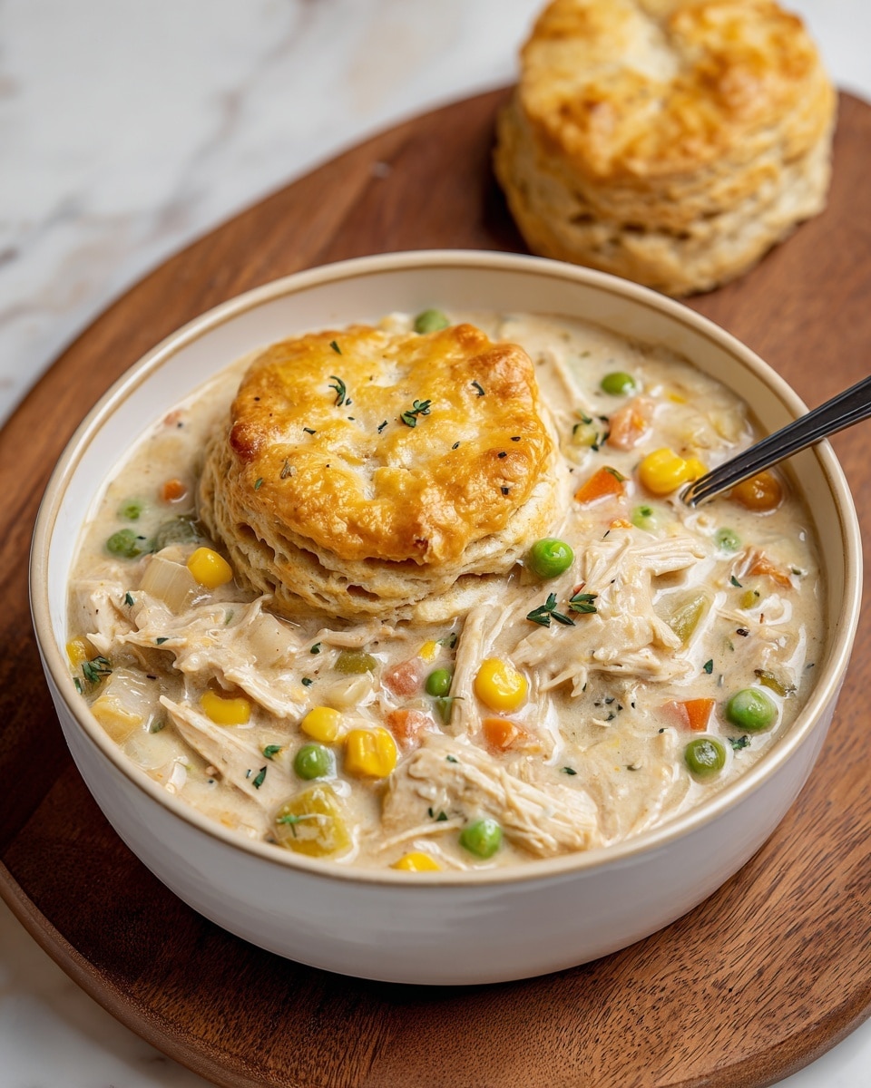 A close-up of a white bowl filled with creamy chicken and vegetable stew, showing soft shredded chicken, green peas, orange carrot slices, and yellow corn in a thick light beige sauce. On top of the stew, a golden-brown biscuit is being dipped by a woman's hand, with some creamy sauce clinging to the biscuit. The biscuit looks flaky with visible layers and a slightly crunchy crust. Small green herb sprinkles are scattered on the sauce over the biscuit. The bowl is placed on a white marbled surface with more golden-brown biscuits blurred in the background. photo taken with an iphone --ar 4:5 --v 7
