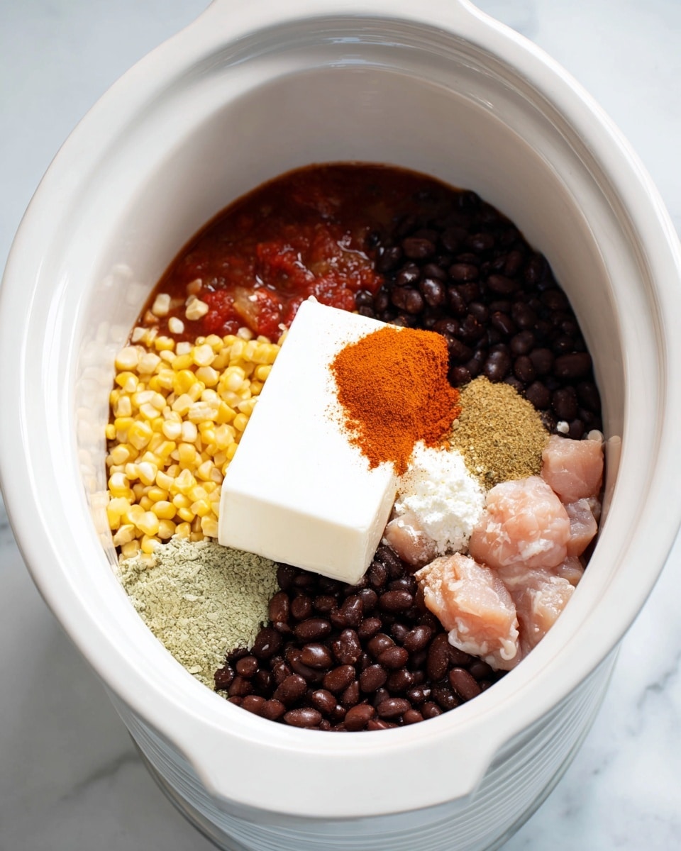 Inside a white crockpot, there are several layers of ingredients placed separately. At the bottom, there is a dark red salsa with visible tomato chunks. On one side, there is a pile of yellow corn kernels. Next to the corn, there is a heap of dark brown black beans. Near the beans, two pieces of raw light pink chicken are visible. On top of the chicken, there is a large block of smooth white cream cheese. Scattered around these layers are two different types of spices: one is a bright orange powder and the other is a pale green powder. The crockpot is placed on a white marbled surface with a white stack of bowls in the background. Photo taken with an iphone --ar 4:5 --v 7