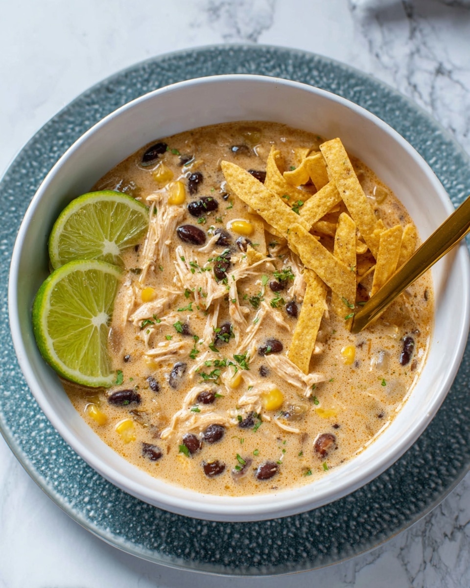 A white bowl filled with creamy soup that has shredded chicken, black beans, and corn mixed in, creating a thick, textured beige base with specks of black and yellow. On the right side of the soup, there is a layer of crunchy, thin, golden tortilla strips, and a bright green lime wedge placed next to them on the left. The soup is lightly sprinkled with green herbs on top. A gold spoon rests inside the bowl, slightly dipped into the soup. The bowl sits on a blue textured plate, all placed on a white marbled surface. Photo taken with an iphone --ar 4:5 --v 7
