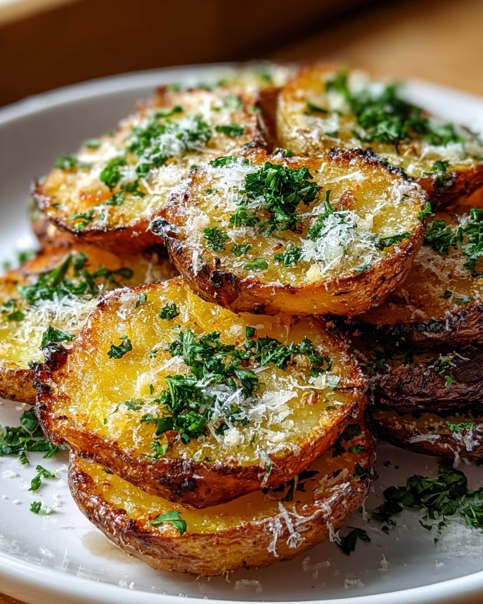 A close-up of several golden potato slices that are crispy on the edges with a slightly browned texture, each topped with sprinkled grated white cheese and finely chopped green herbs. The potatoes have a rough, crunchy outer skin visible around the sides and soft interiors. They are stacked loosely together on a white plate over a white marbled surface. The image shows the food in natural light near a window, highlighting the crispy and fresh texture of the potatoes and herbs, photo taken with an iphone --ar 4:5 --v 7